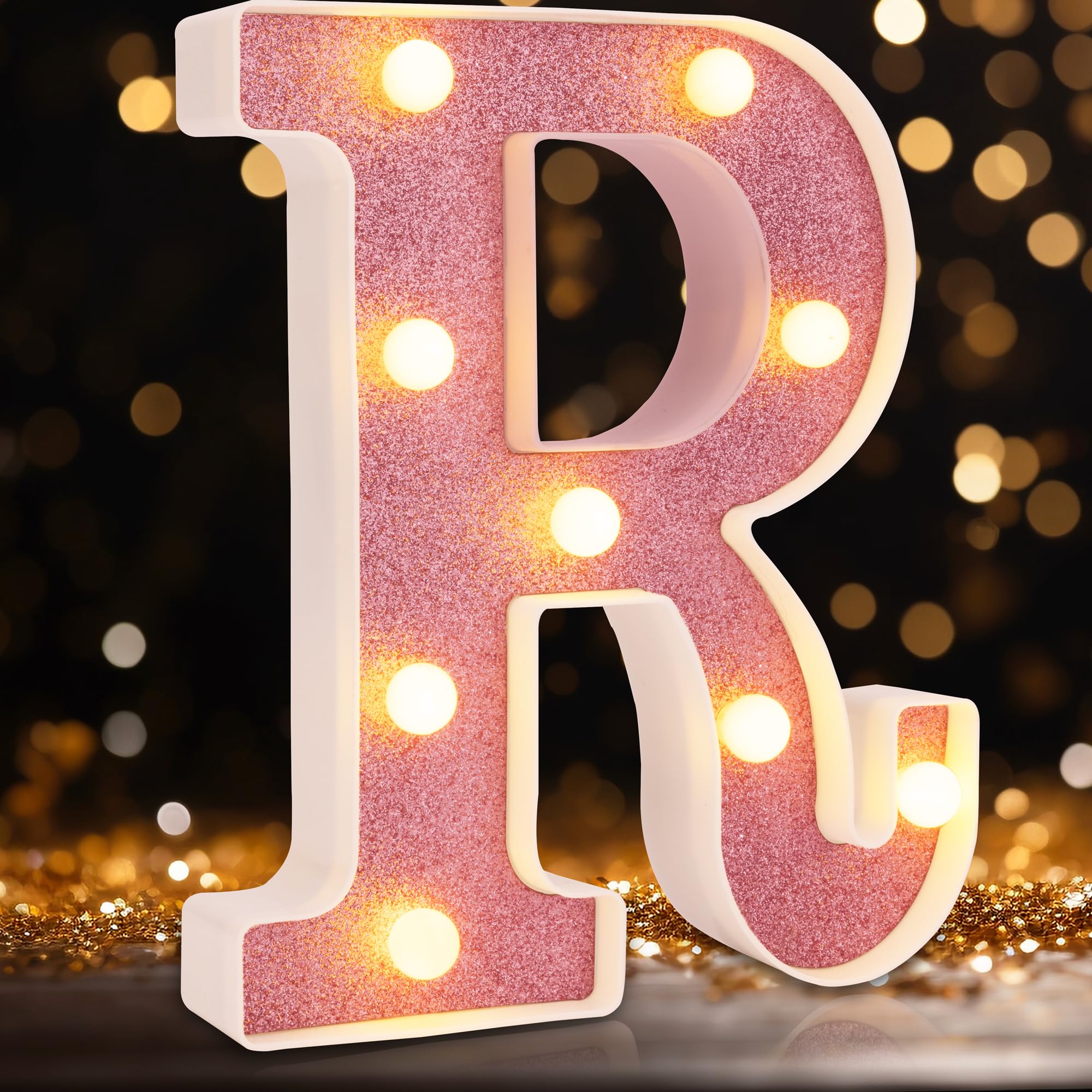 DyingSwan Small LED Marquee Letter R, 8.58 Inch Pink Glitter Light Up Sign, Battery Powered Decor for Party and Birthday