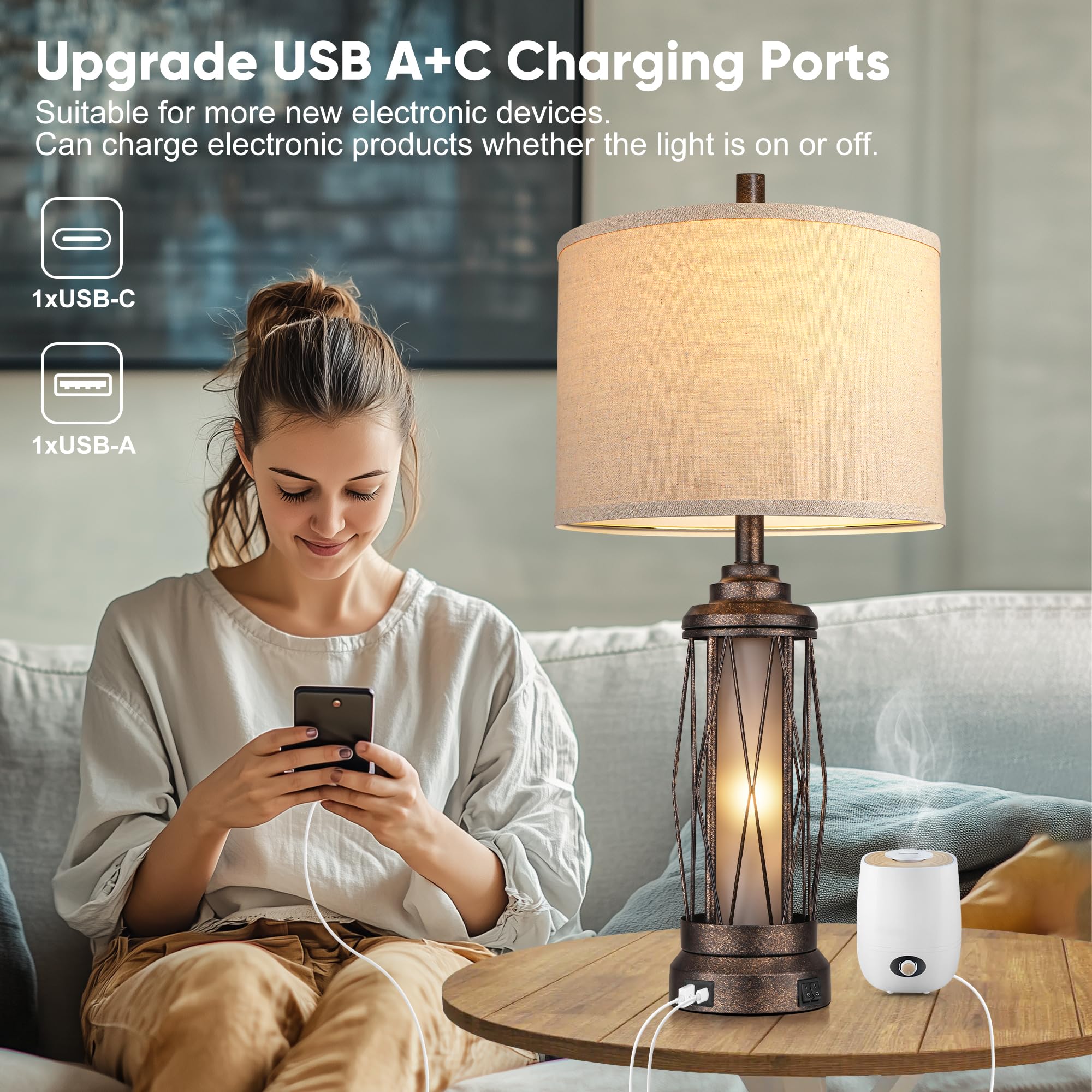 QiMH Rustic Farmhouse Table Lamp with USB Charging Ports, Frosted Glass, Bronze - Model STR-DL-SW04, 4 Bulbs Included