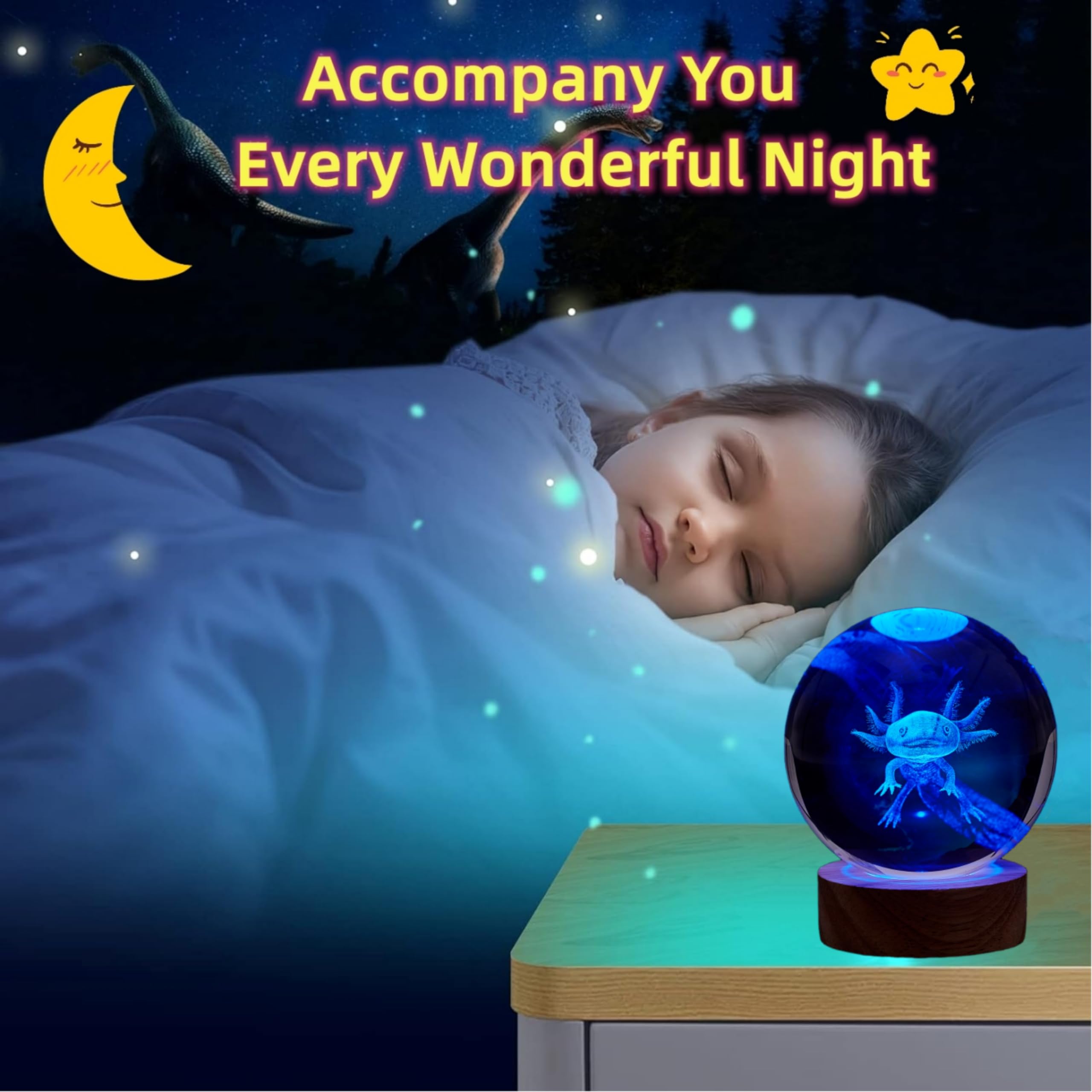 Digfpwt 3.15 Inch Axolotl Crystal Ball Lamp, 3D K9 Crystal Night Light With Wooden Base, 16 Color Change Remote, Clear Glass Bal