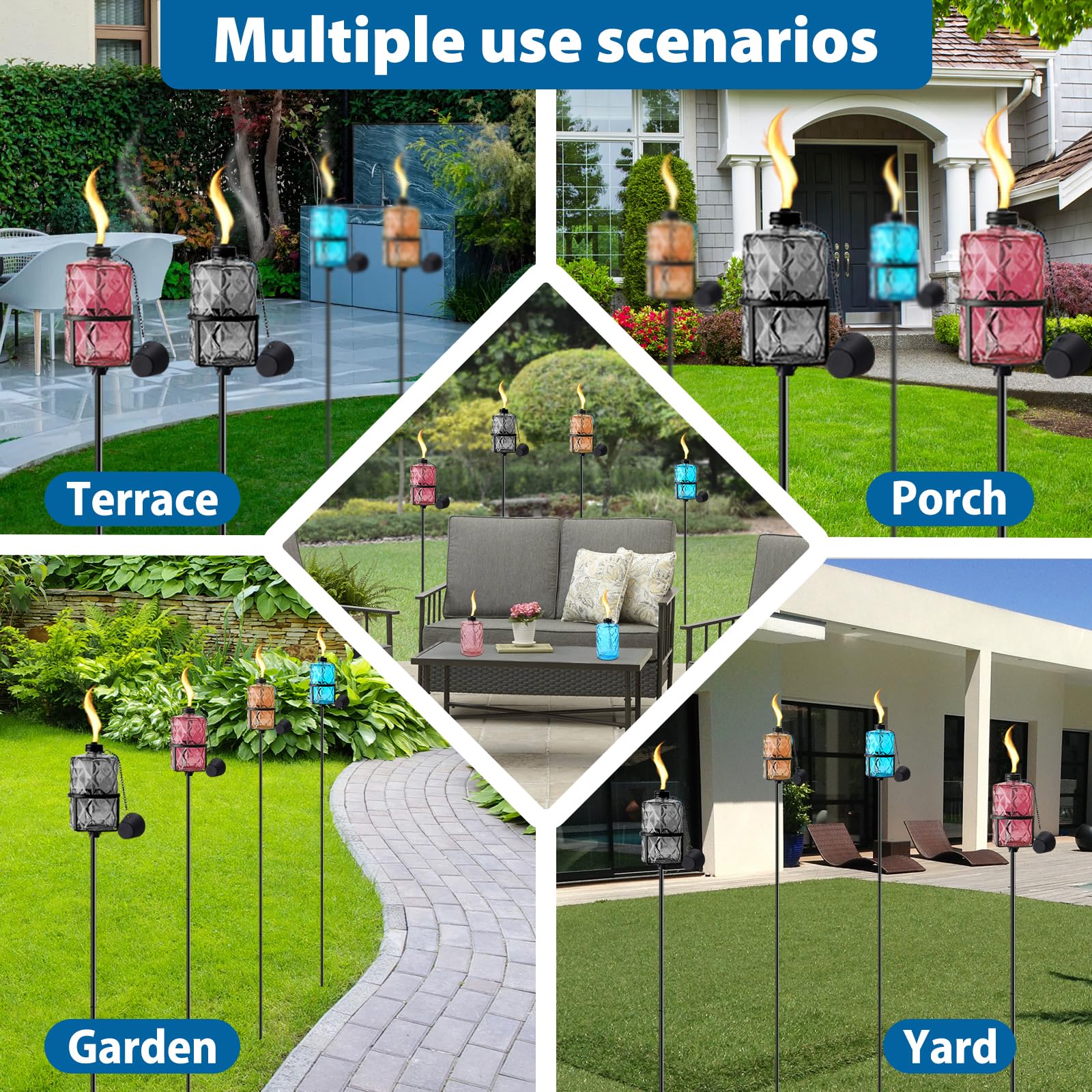 4 Pack Colorful Glass Garden Torch 12 Oz Outdoor Torch Garden D  Cor,60-Inch Upgraded Citronella Torches With 3-Prong Grounded S