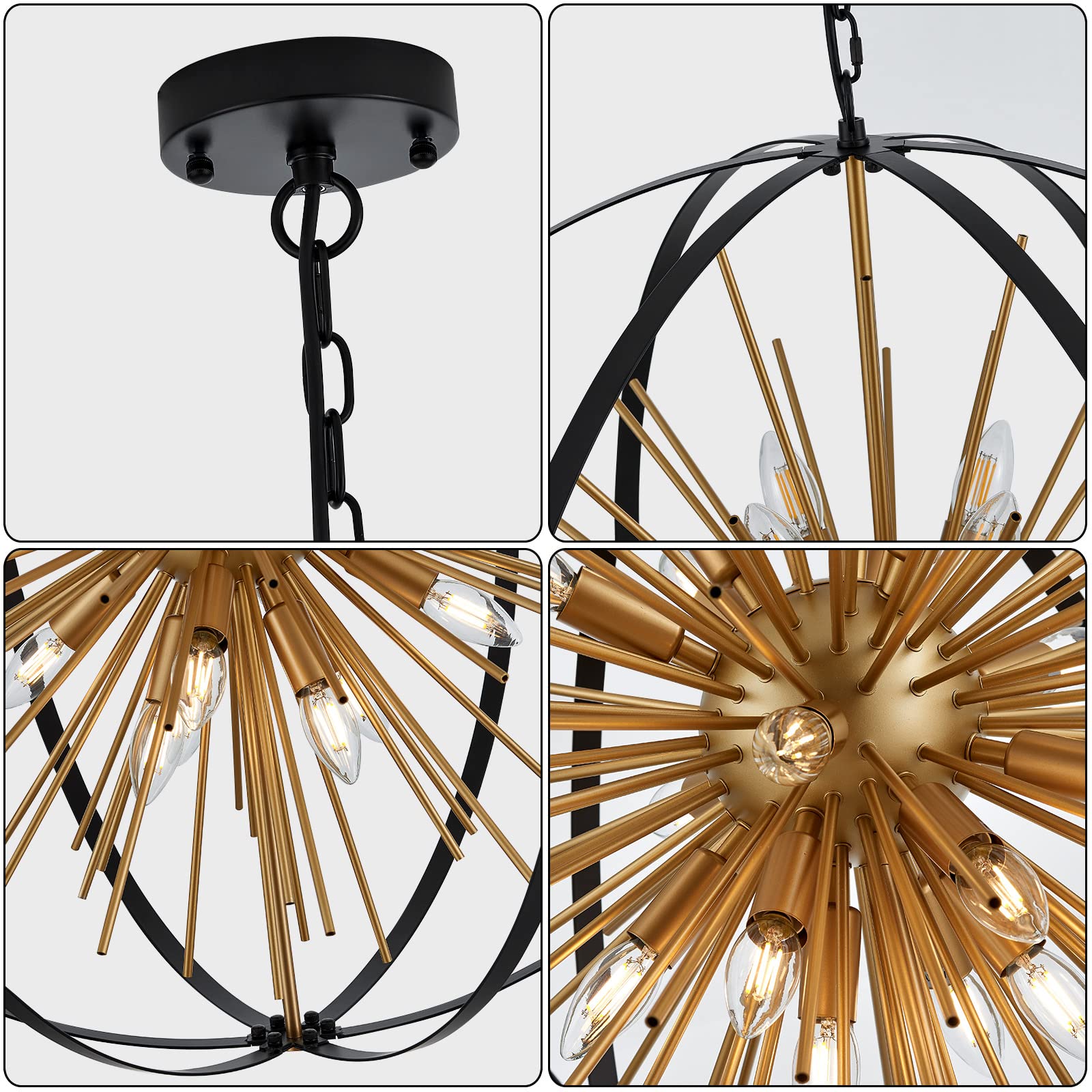 TACDANDM 31.5" Black Gold 16-Light Globe Sputnik Chandelier, Metal, Adjustable, Modern Industrial Ceiling Pendant Light for Home Decor