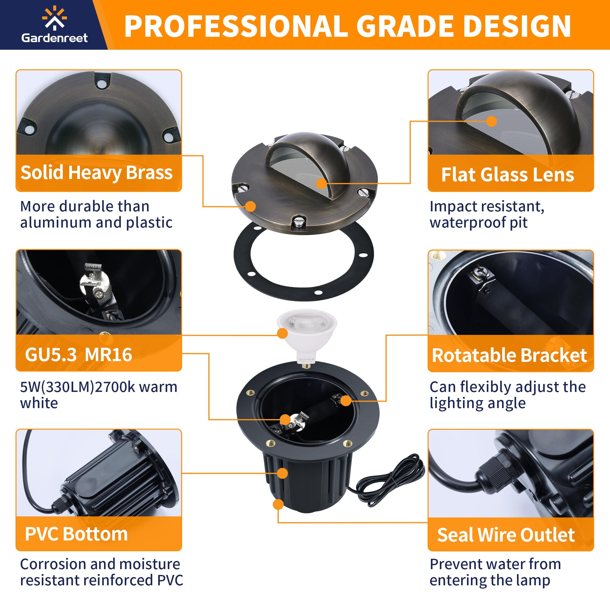 Gardenreet Brass In Ground Well Lights Kit(6 Pack) With 150W Low Voltage Transformer & Mr16 Bulb & 100Feet Wire & Connectors, 12