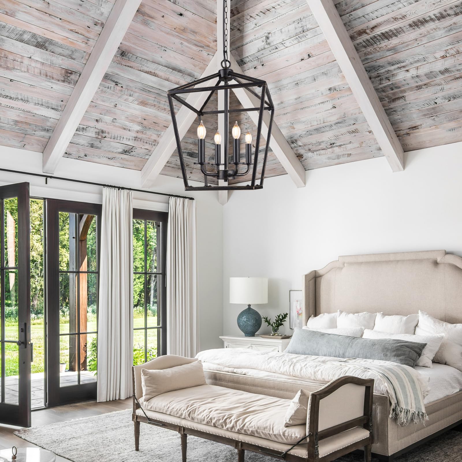 Farmhouse Chandelier 4-Light  Black & Gold Pendant Light Fixture For Kitchen Island Dining Room  Lantern Industrial Lighting Ceiling Hanging With Metal Cage Adjustable Height For Entryway Foyer