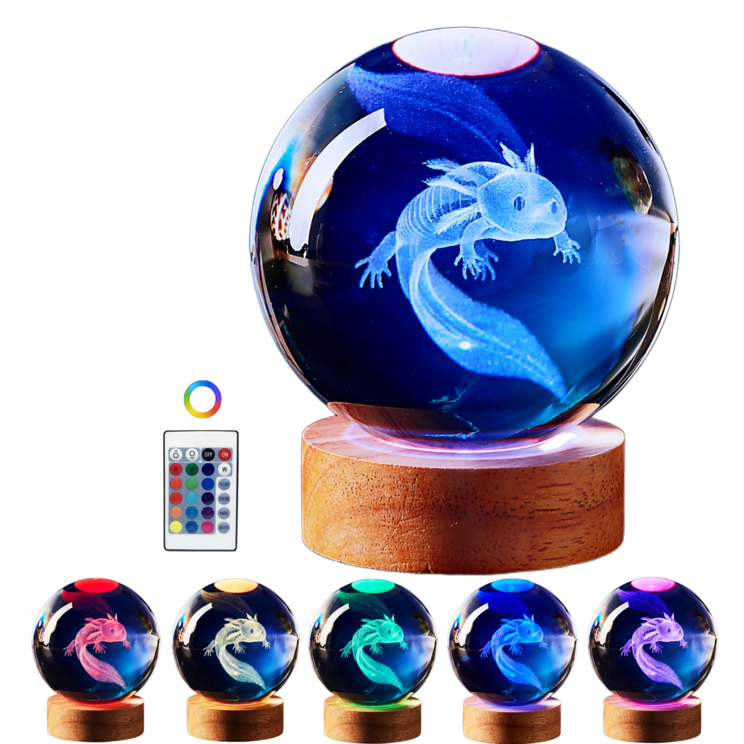 Axolotl Lamp,3.15 inch Axolotl Crystal Ball Lamp,Upgraded 3D K9 Axolotl Crystal Ball Night Light with Wooden Base,16 Colors Chan