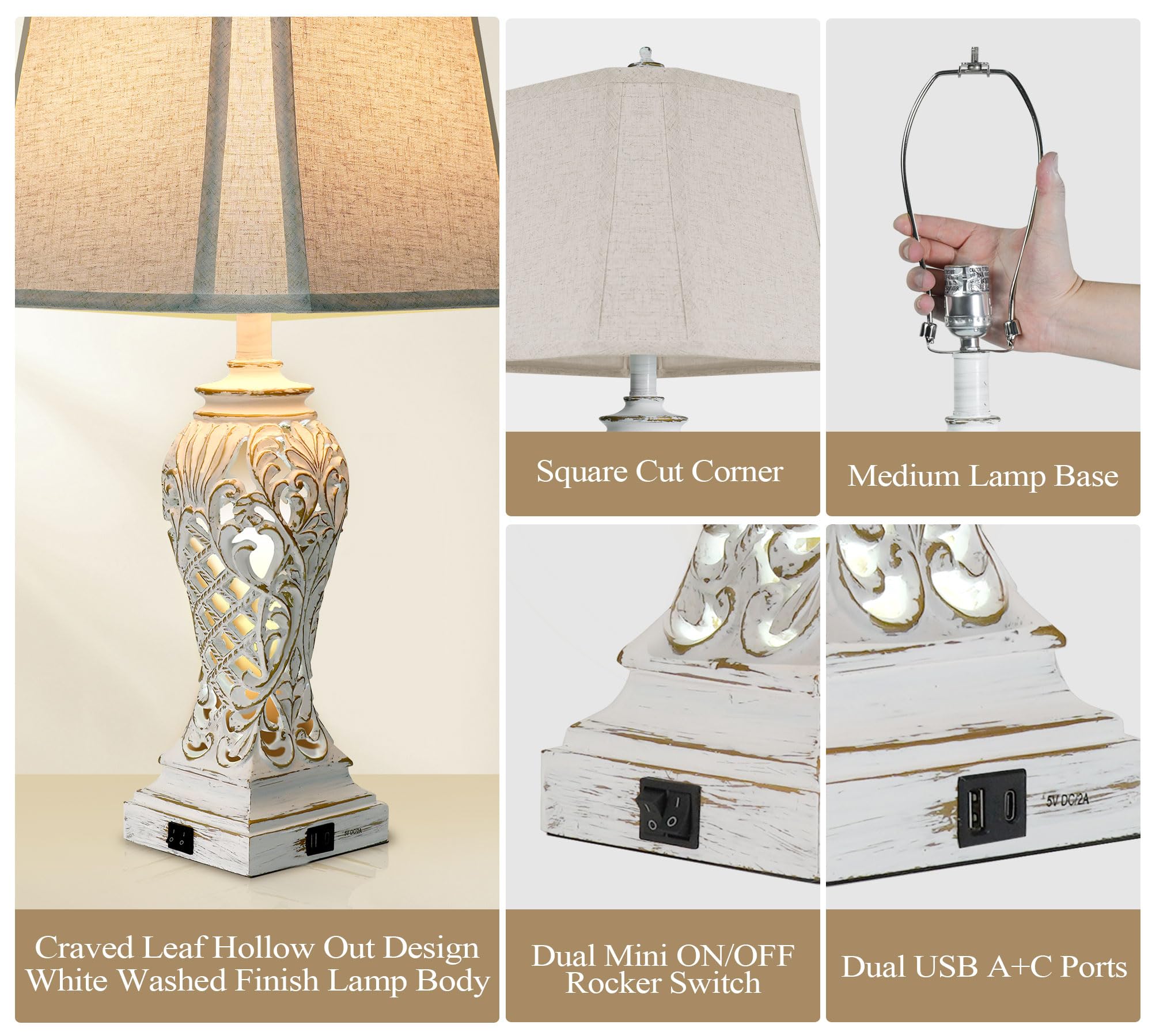 Ikopyal Table Lamps For Bedroom Living Room, Bedside Lamp With Fabric Shades, 29'' Tall Coastal Nautical Lamp With Usb And Night