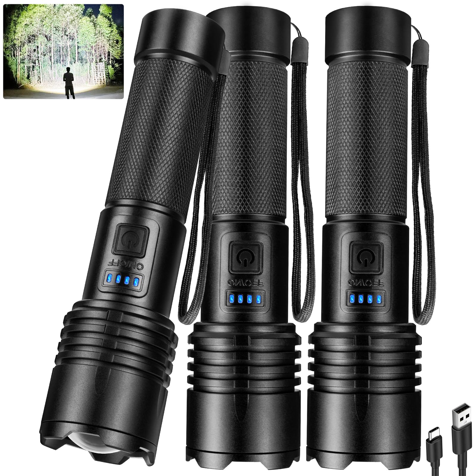 crazybrace Rechargeable Led Flashlights High Lumens 3Pack, 99000 Lumen Super Bright Flash Light with 3 Modes & Adjustable 2 Beam