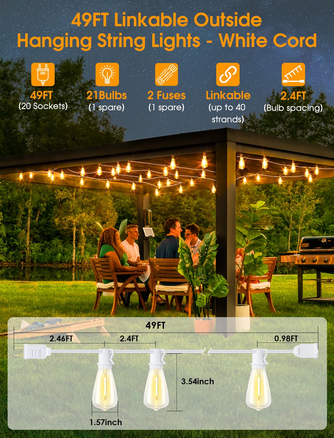 Larkvue 49Ft Outdoor String Lights, Linkable Patio Lights With 20+1 2700K Led Dimmable Waterproof St38 Bulbs For Cafe Wedding Pa