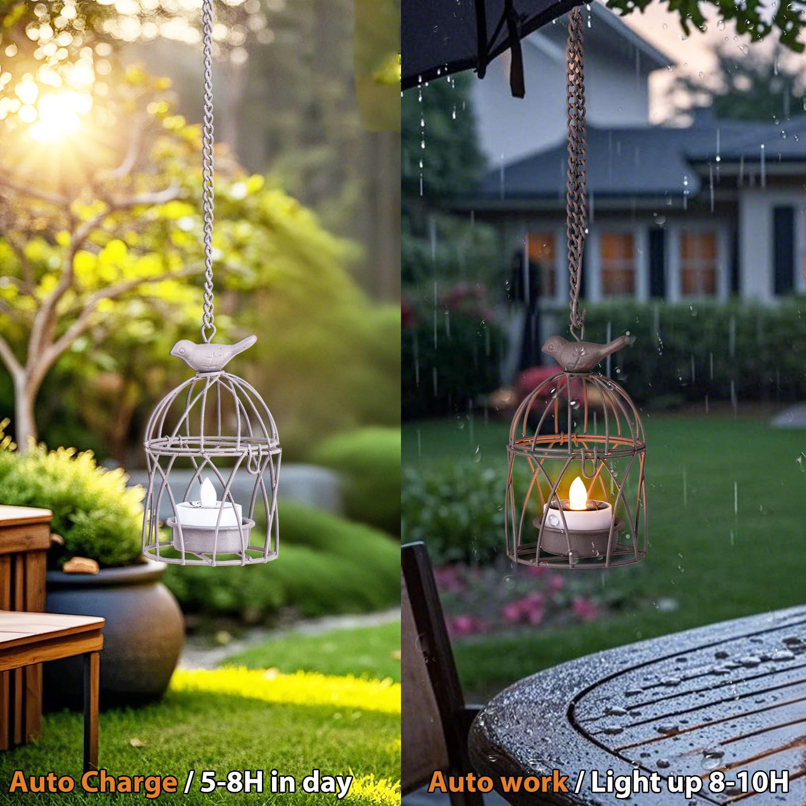 Solar Lanterns Outdoor Waterproof, Rust Iron Cage Candle Holder With Flickering Solar Powered Tea Lights, Hanging Solar Lights F