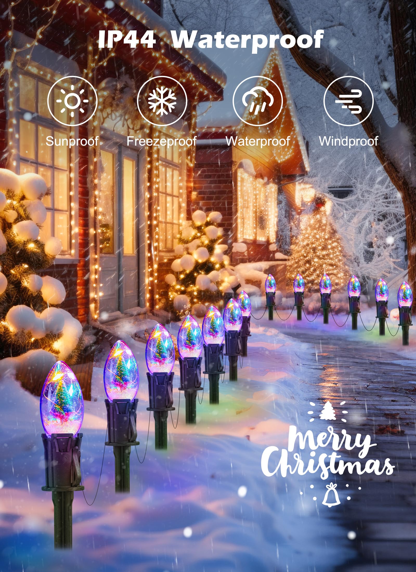 C9 Christmas Pathway Lights Outdoor, 25Ft 20 Led Christmas String Lights With Stakes, 4 Light Modes, Waterproof Connectable Chri