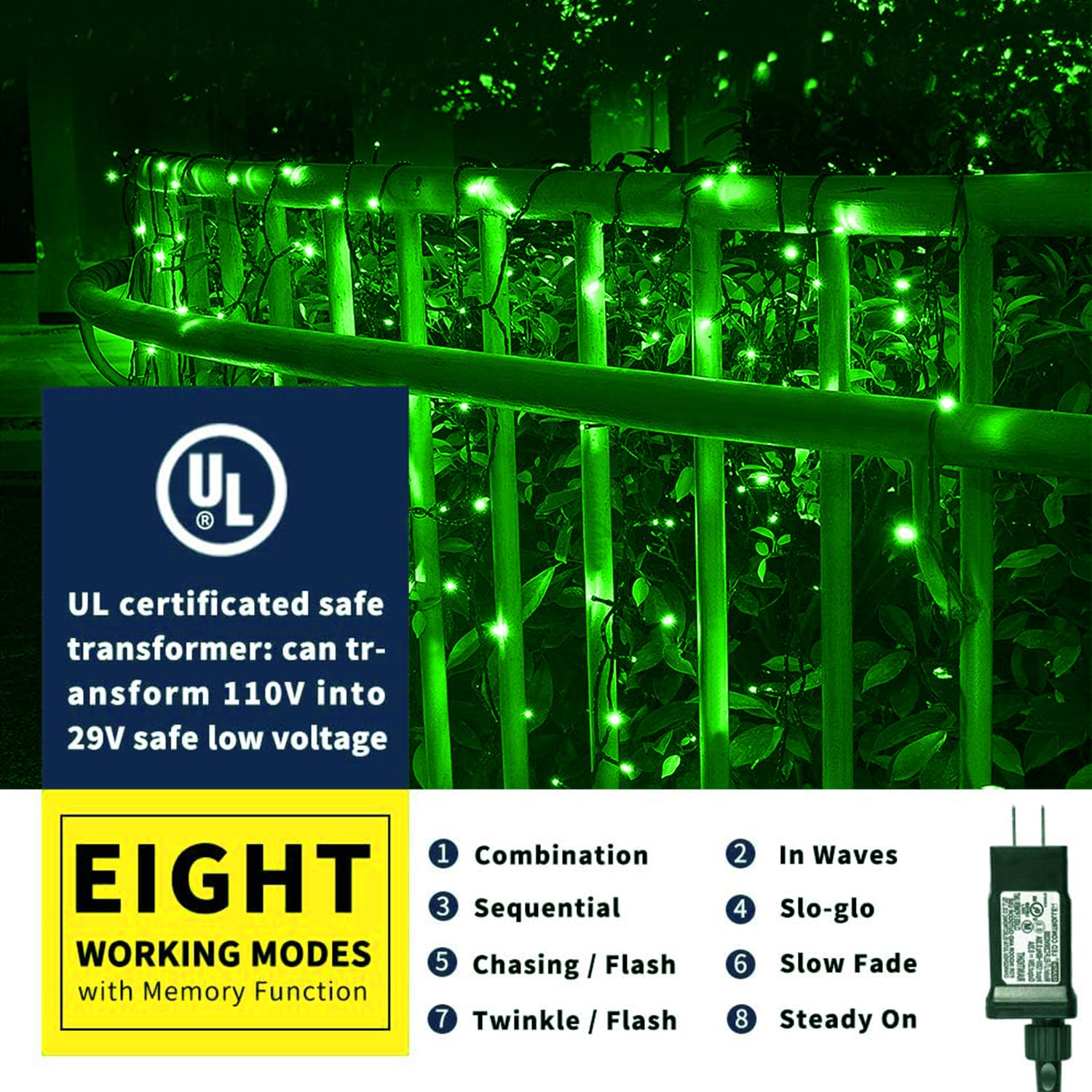 Xtf2015 105Ft 300 Led Christmas String Lights, End-To-End Plug 8 Modes Christmas Lights - Ul Certified - Outdoor Indoor Fairy Lights Christmas Tree, Patio, Garden, Party, Wedding, Holiday (Green)