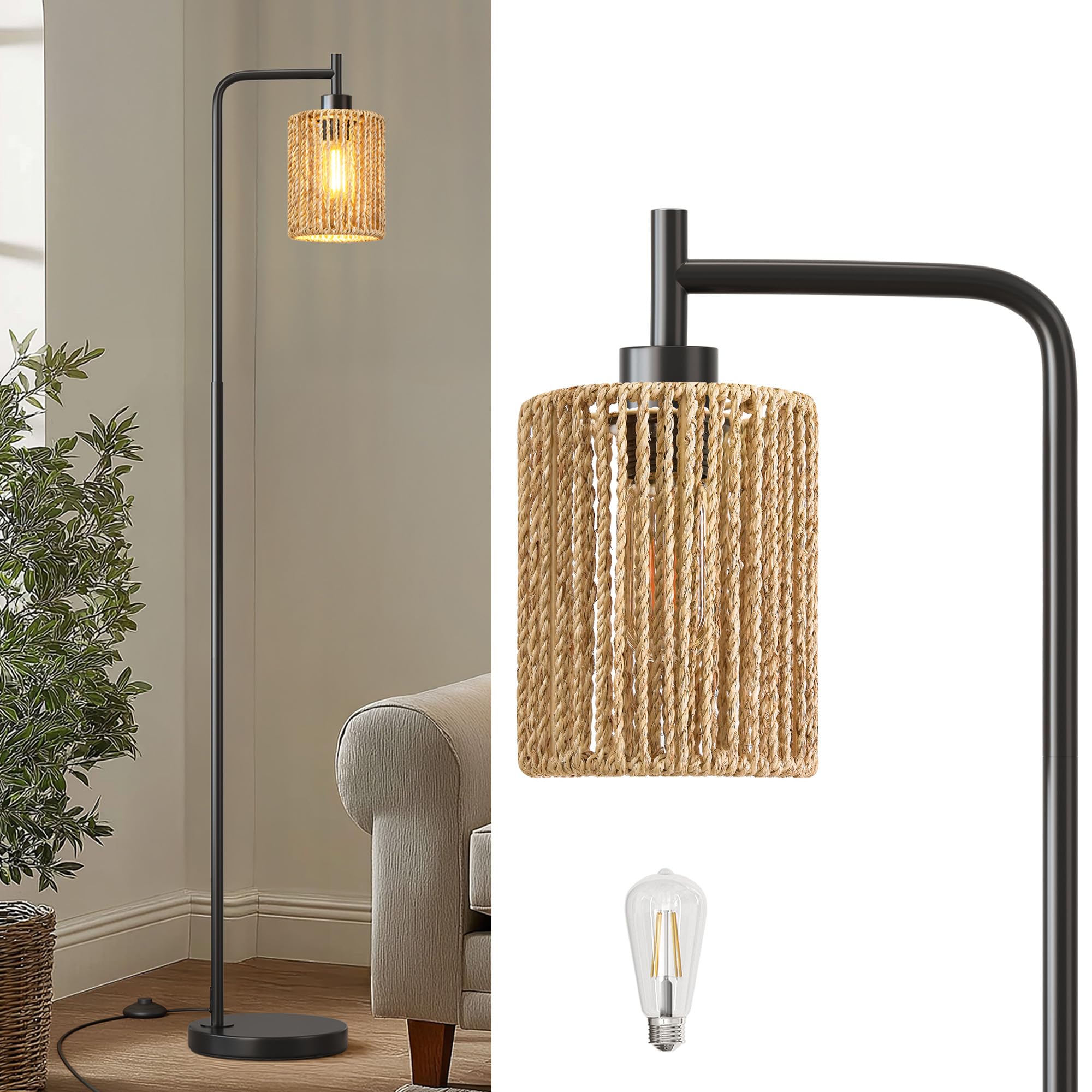 Oneach 66 Black Floor Lamp for Living Room, Boho Floor Lamp with LED Bulb, Rattan Shade, Foot Switch, Industrial Tall Standing L