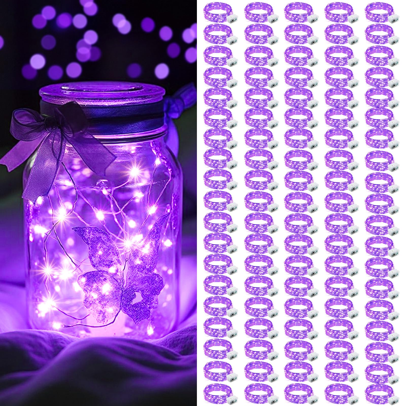 Aikei 100 Pack Led Fairy Lights Battery Operated  Fairy String Lights 3 Modes Waterproof 7 Feet 20 Led Firefly Starry Lighting For Wedding Party Bedroom Garden Christmas Decoration Purple