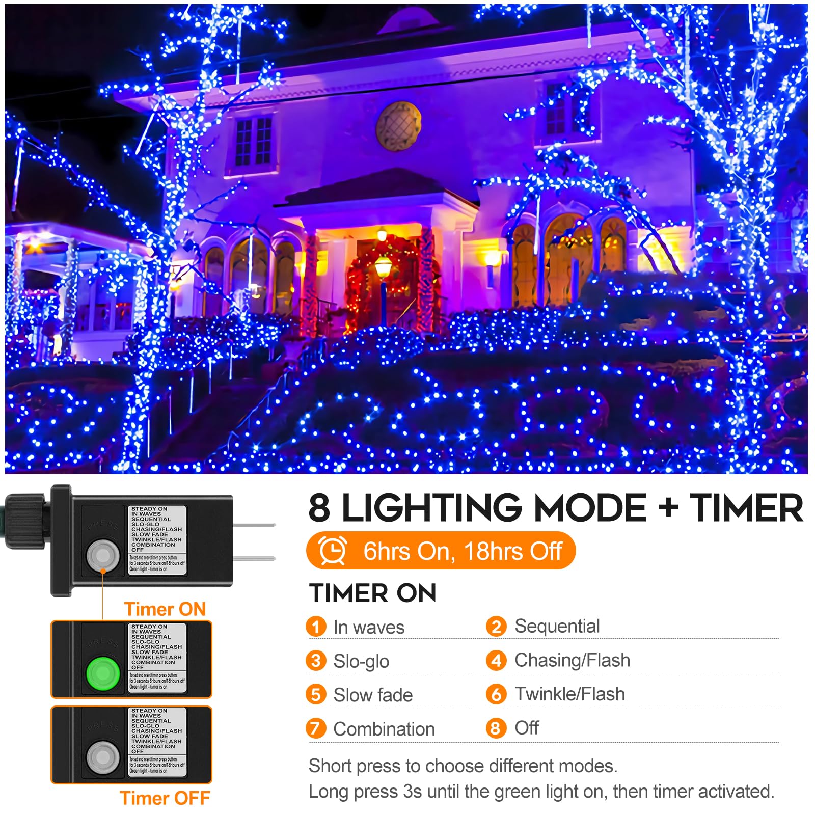 66Ft 200 Led Christmas Tree Lights, End-To-End Plug 8 Modes Christmas Lights With Timer, Outdoor Indoor Fairy Lights Christmas T