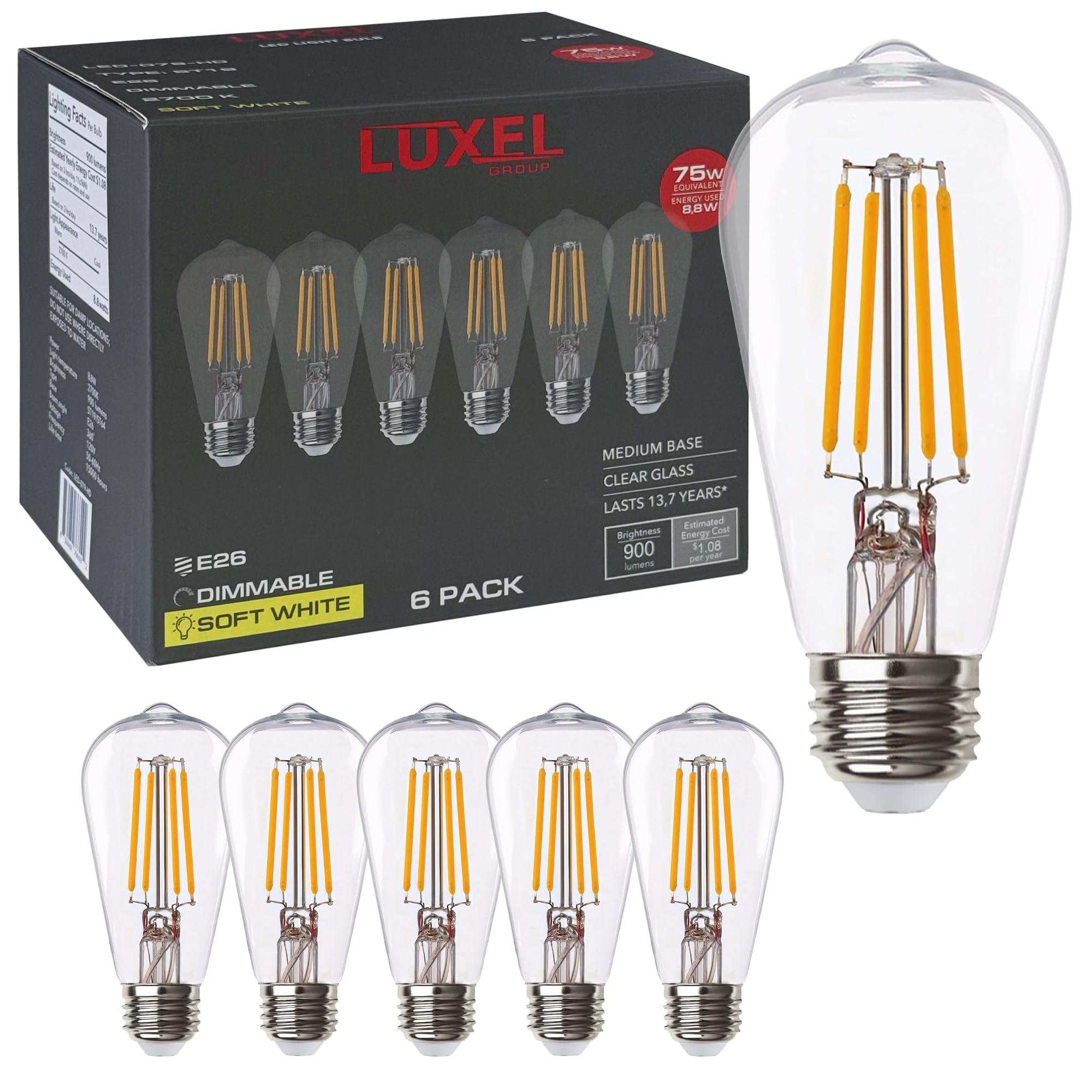 Vintage LED Edison Bulbs ST19 (ST64) - 8.8W Equivalent 75W - Dimmable High Brightness Soft White 2700K Antique LED Filament Bulb