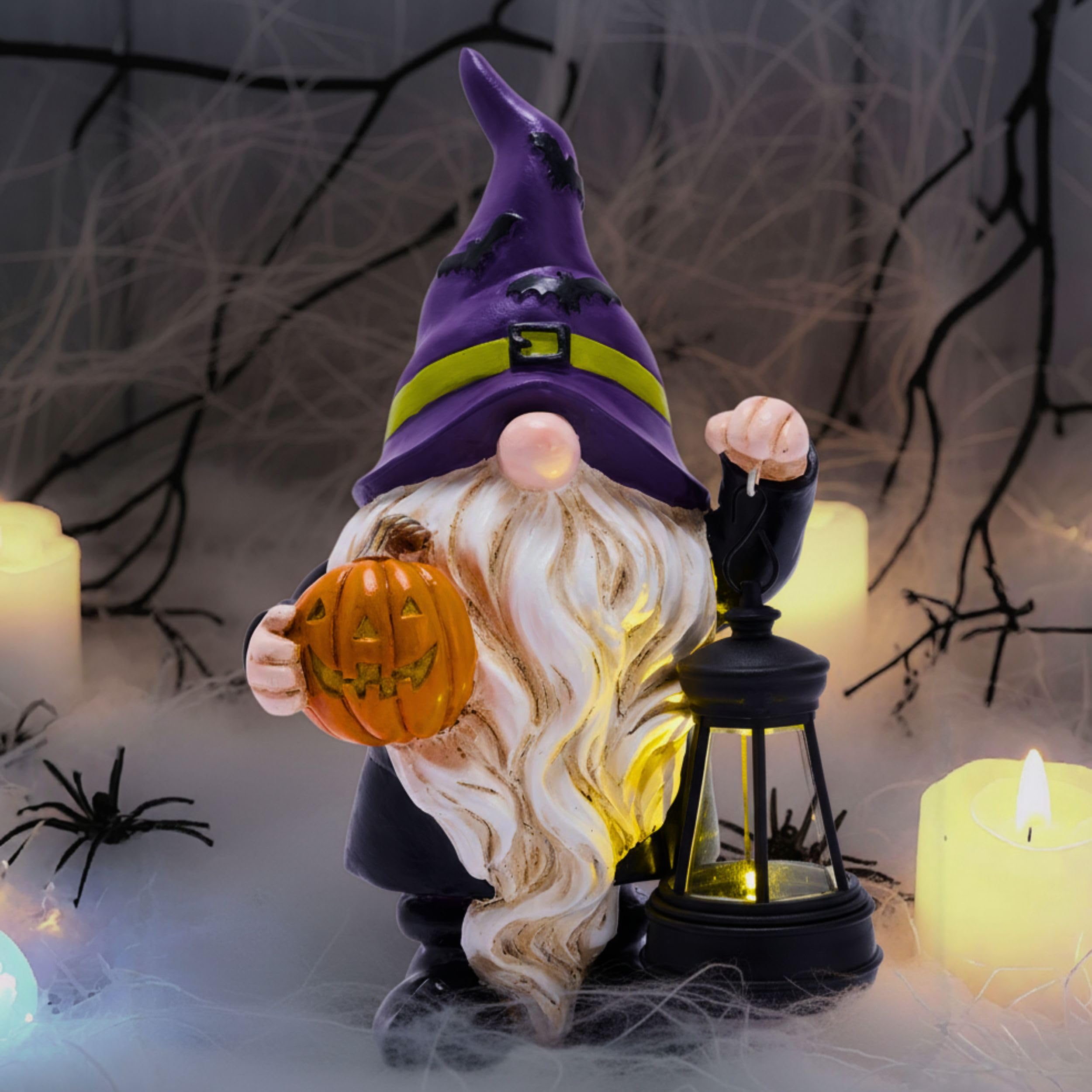 TeresaS Collections Halloween Decorations Garden Gnomes Statues With Solar Lights Cute Purple Bat Hat Resin Decor With Lantern For Home Table Outdoor Yard Pumpkin Jack-O-Lanterns Gifts For Party 8