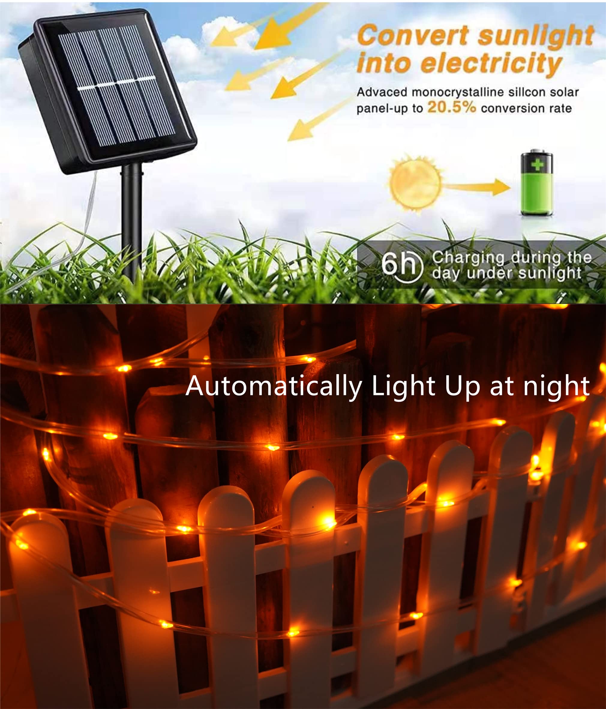 Qitong 33Ft Orange Solar Rope Lights, 100 Leds, Waterproof, 8 Modes For Outdoor Use