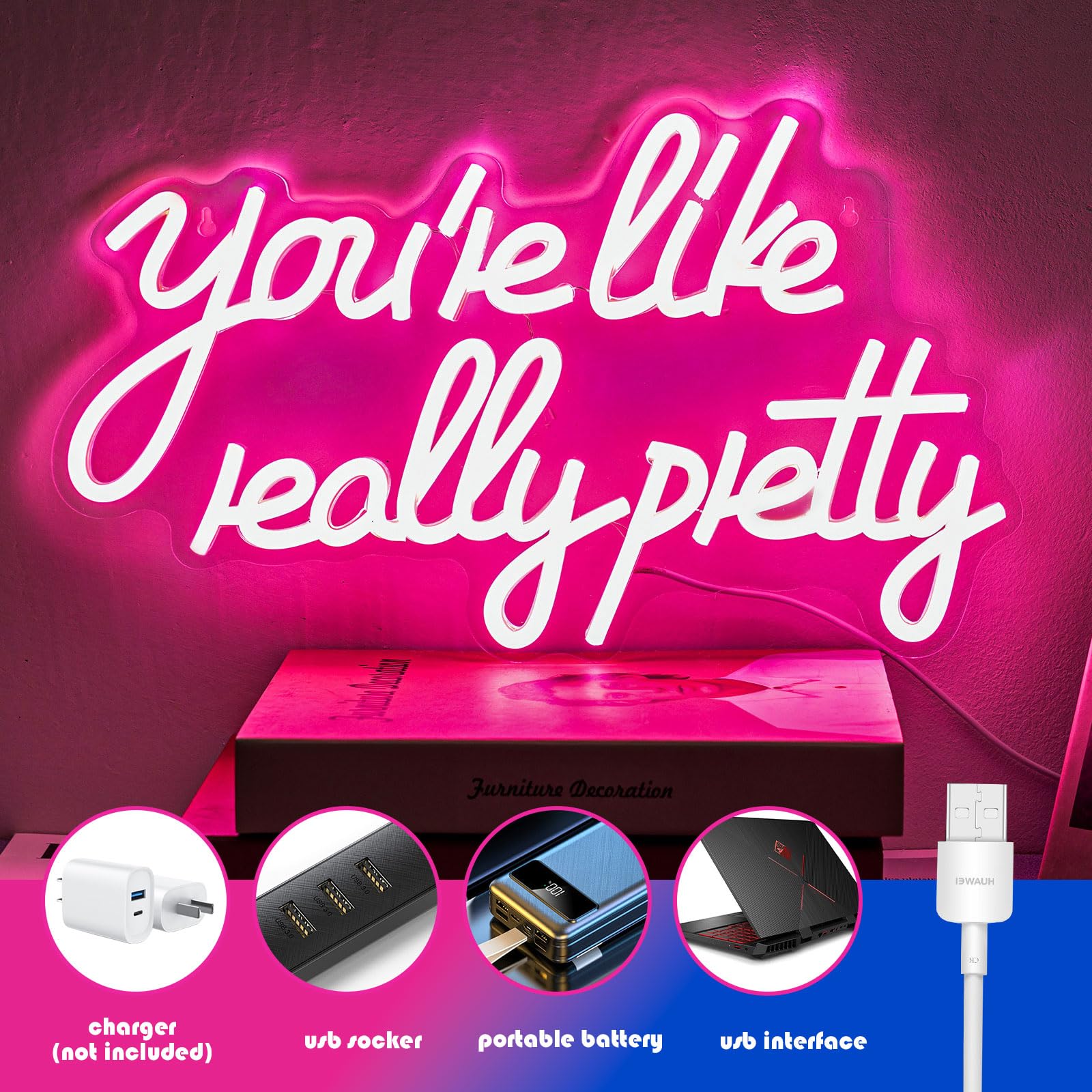 Gevbay Neon Light Sign for Wall Decor, Dimmable USB Powered, Pink Acrylic, 15.75 x 9.84 inches, Model GC-2401018