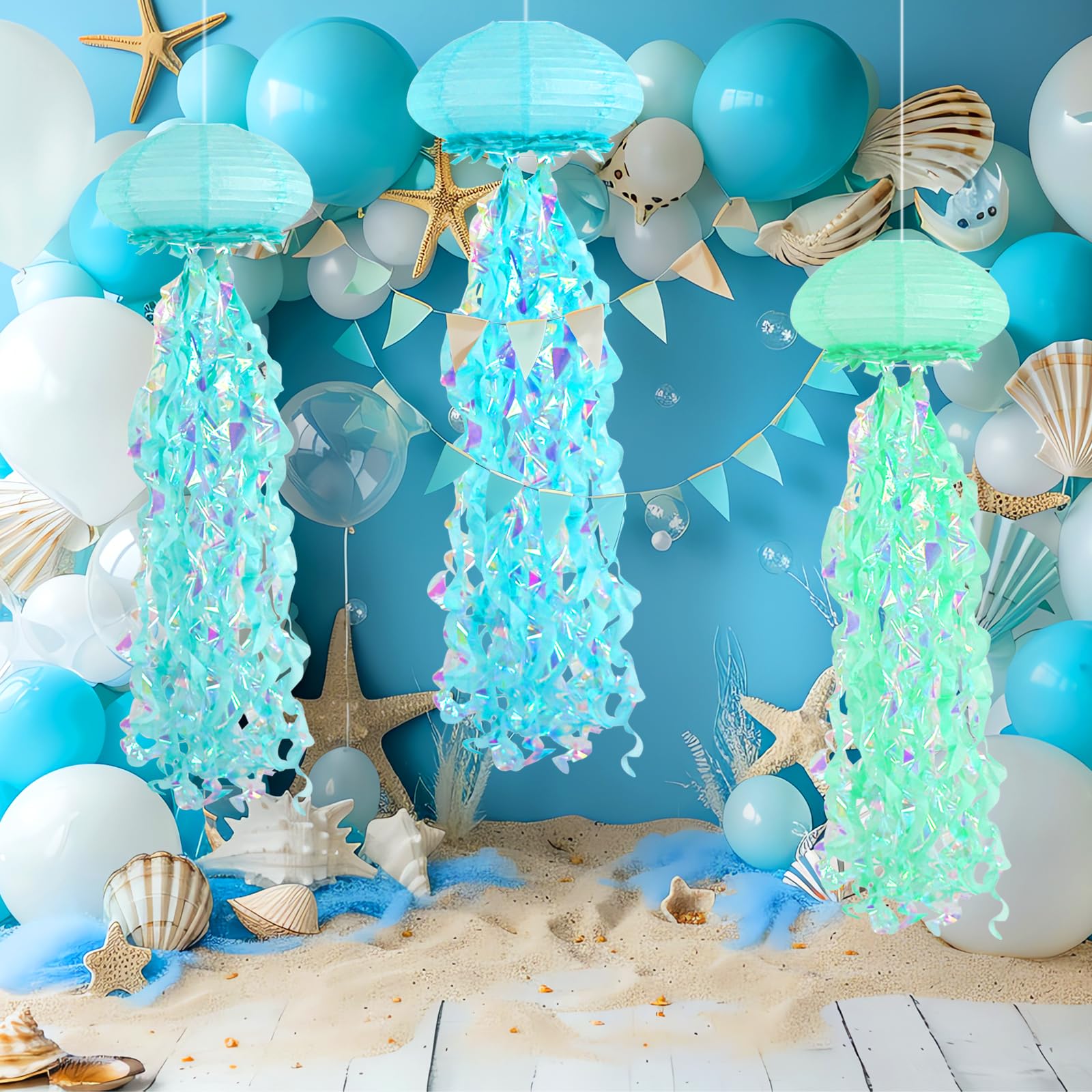 Jellyfish Paper Lanterns, Under The Sea Party Decorations, Light Blue Green Cyan Hanging Jelly Fish Lantern For Kids Birthday De