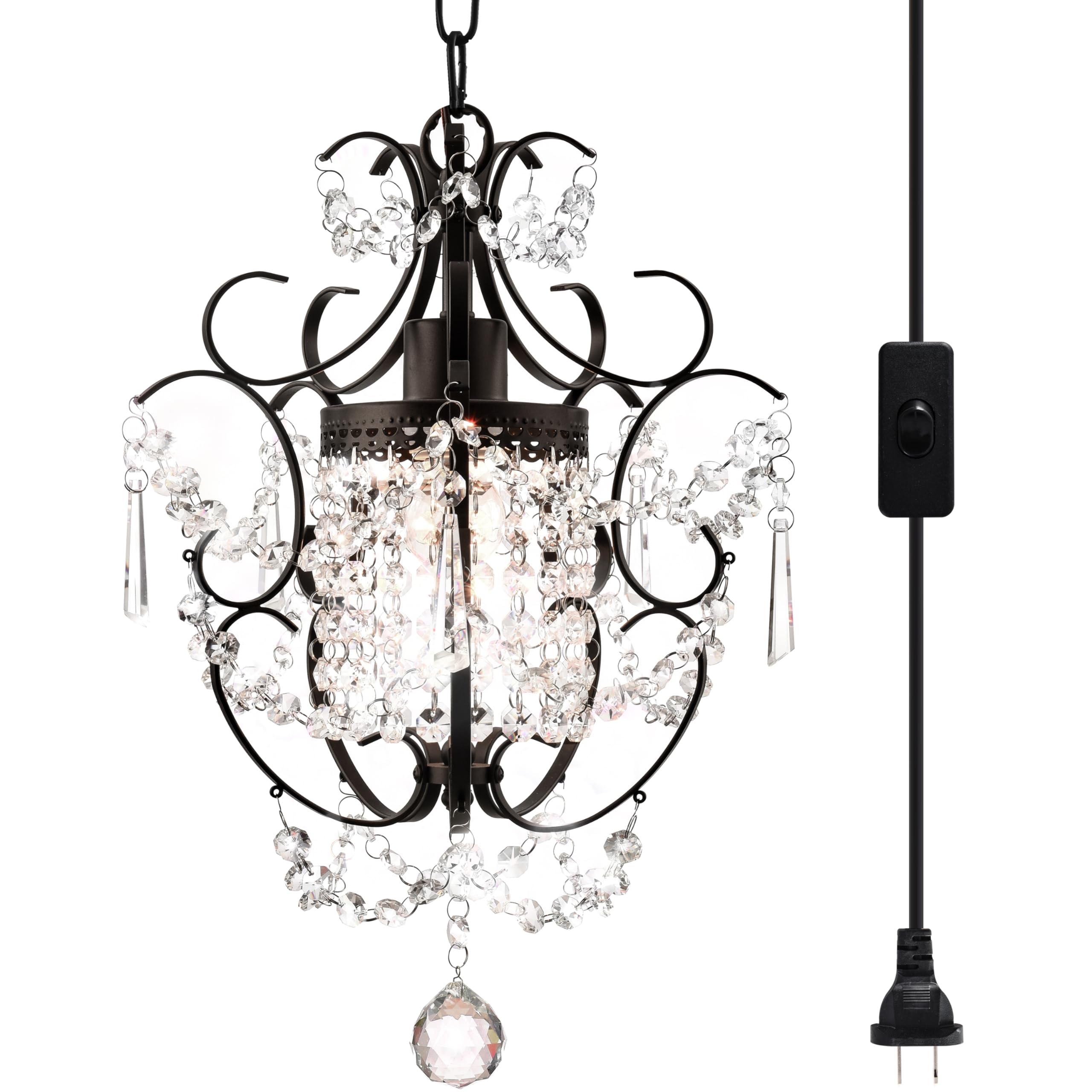 Plug in Pendant Lights with K9 Crystal Bronze Hanging Lamp with 15Ft Clear Cord & On/Off Switch