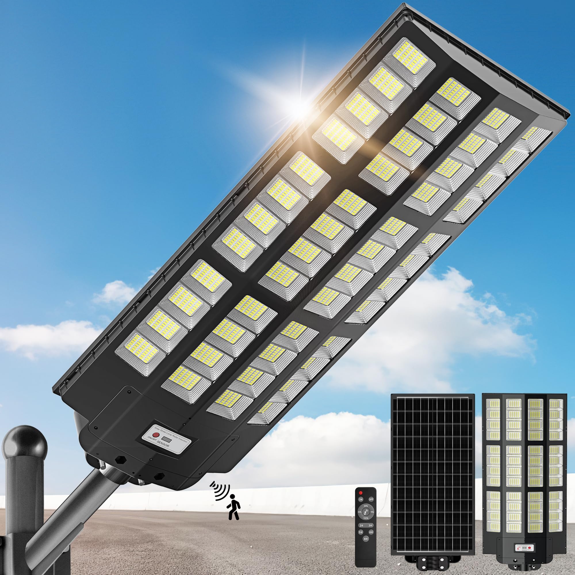 OKPRO 9800W Solar Street Lights Outdoor - 7000K Wide Angle Solar Lights Outdoor with Motion Sensor & Dusk to Dawn, IP66 Waterpro