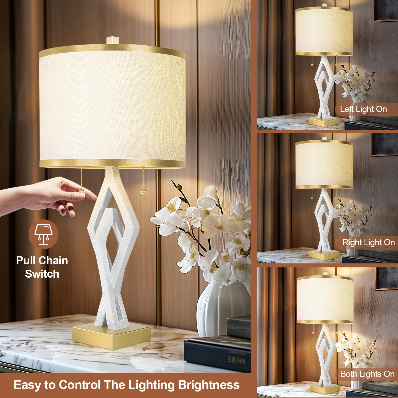 Sculptural Table Lamp Set Of 2 For Bedroom, 26    White Modern Bedside Lamps For Living Room, White Linen With Gold Trim Shade,