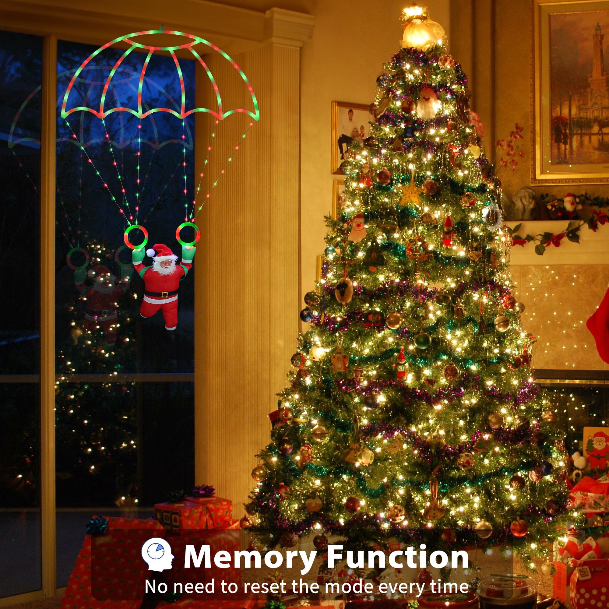 Toodour Christmas Decorations Outdoor, 2.8Ft Christmas Parachute Lights With Santa Claus, Waterproof 8 Modes Hanging Red & Green