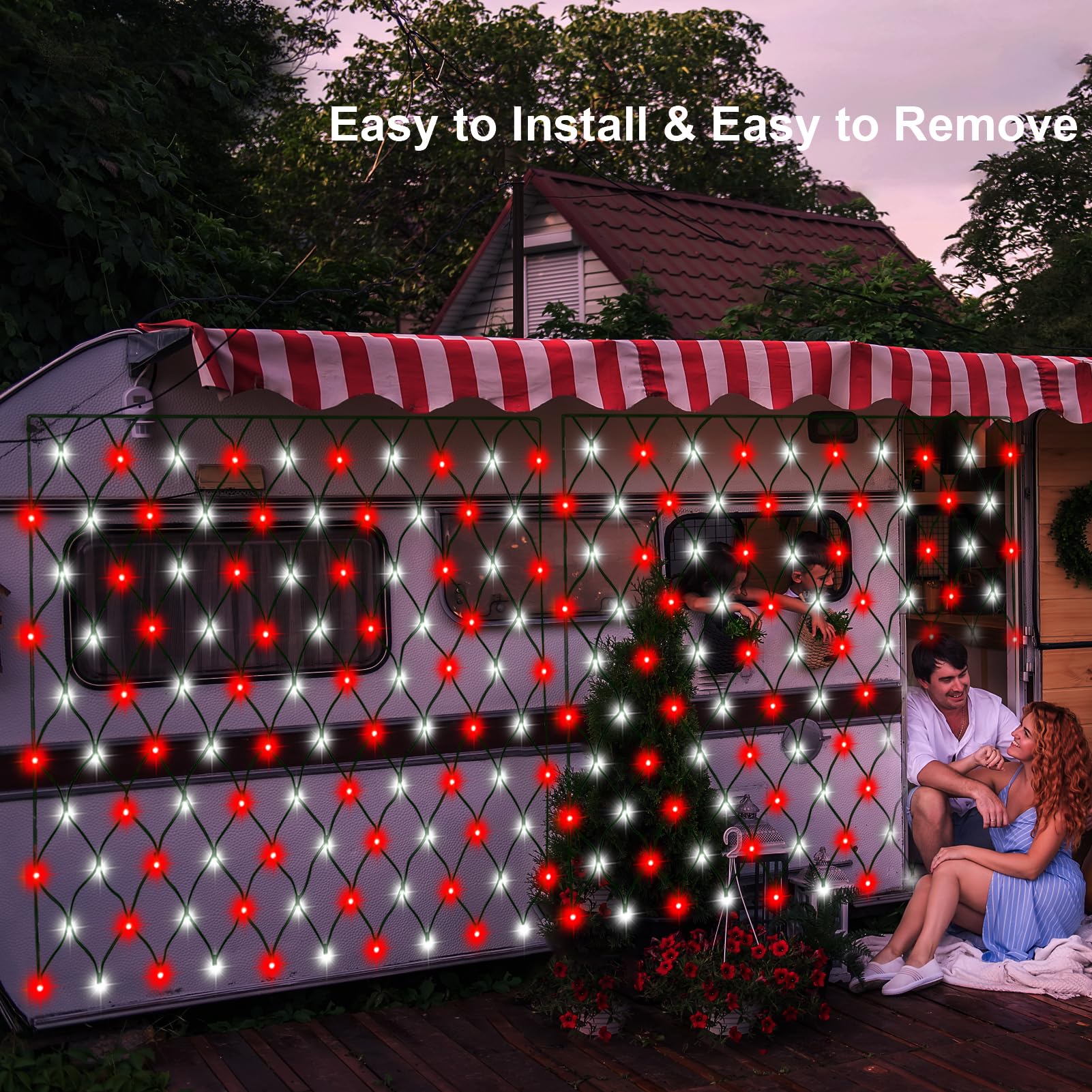 Solar Powered Led Net Lights 5Ft X 5Ft, 100 Leds - Red White Christmas Candy Cane Net Lights, 8 Modes For Outdoor Decoration