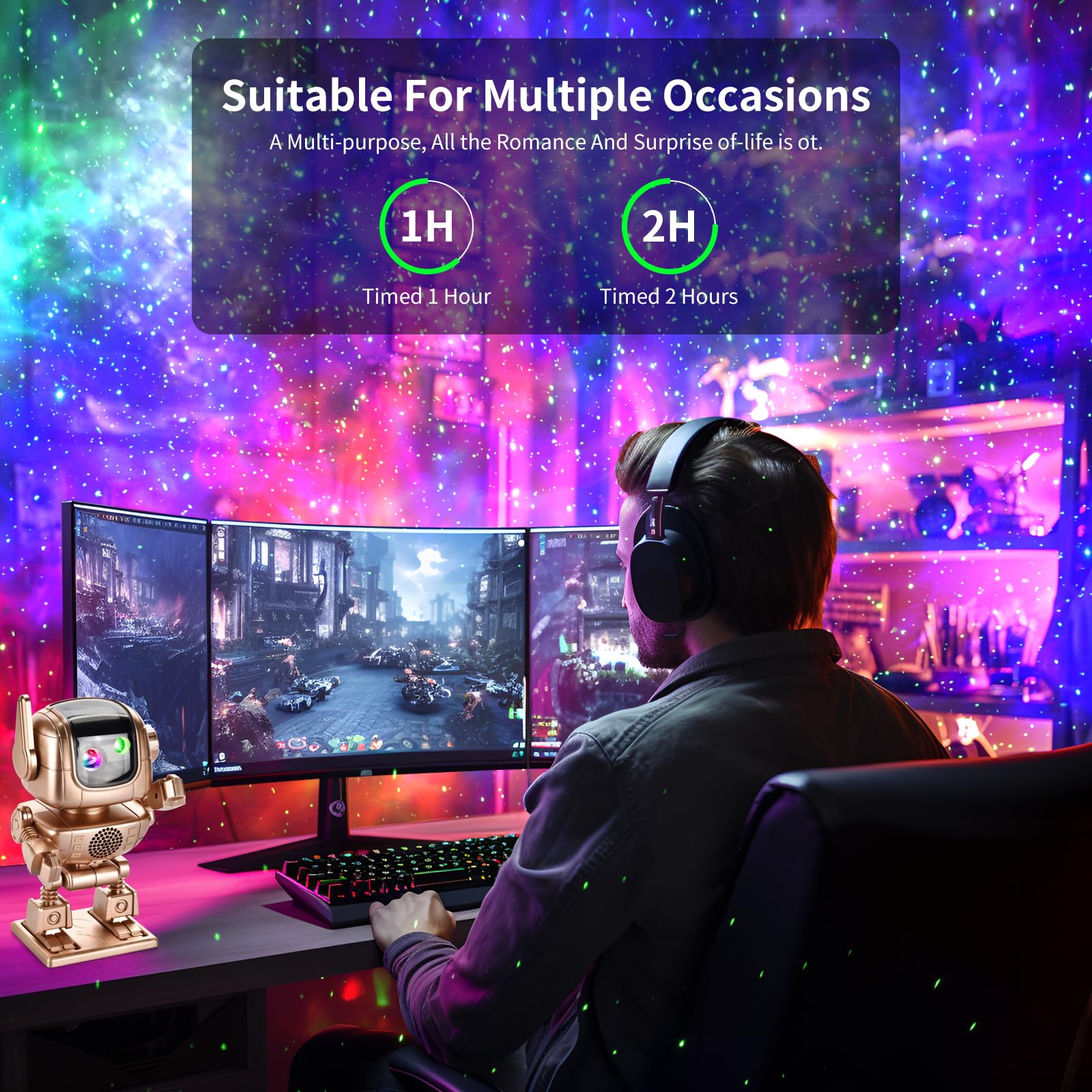Robot Galaxy Projector, Astronaut Star Projector, Led Night Light Starry Nebula With Timer Remote Control White Noise Bluetooth