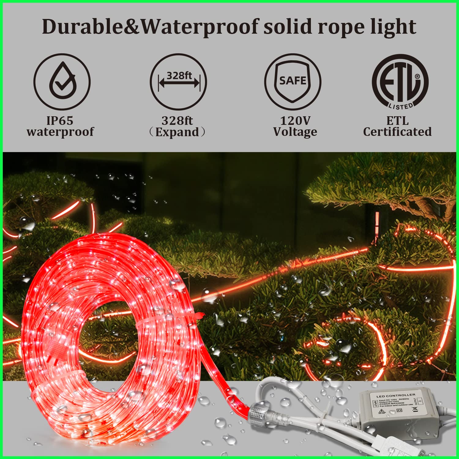 beatineon 33FT LED Rope Lights Outdoor, 300 LEDs, Waterproof, Flexible Tube, Remote, 8 Modes, Red