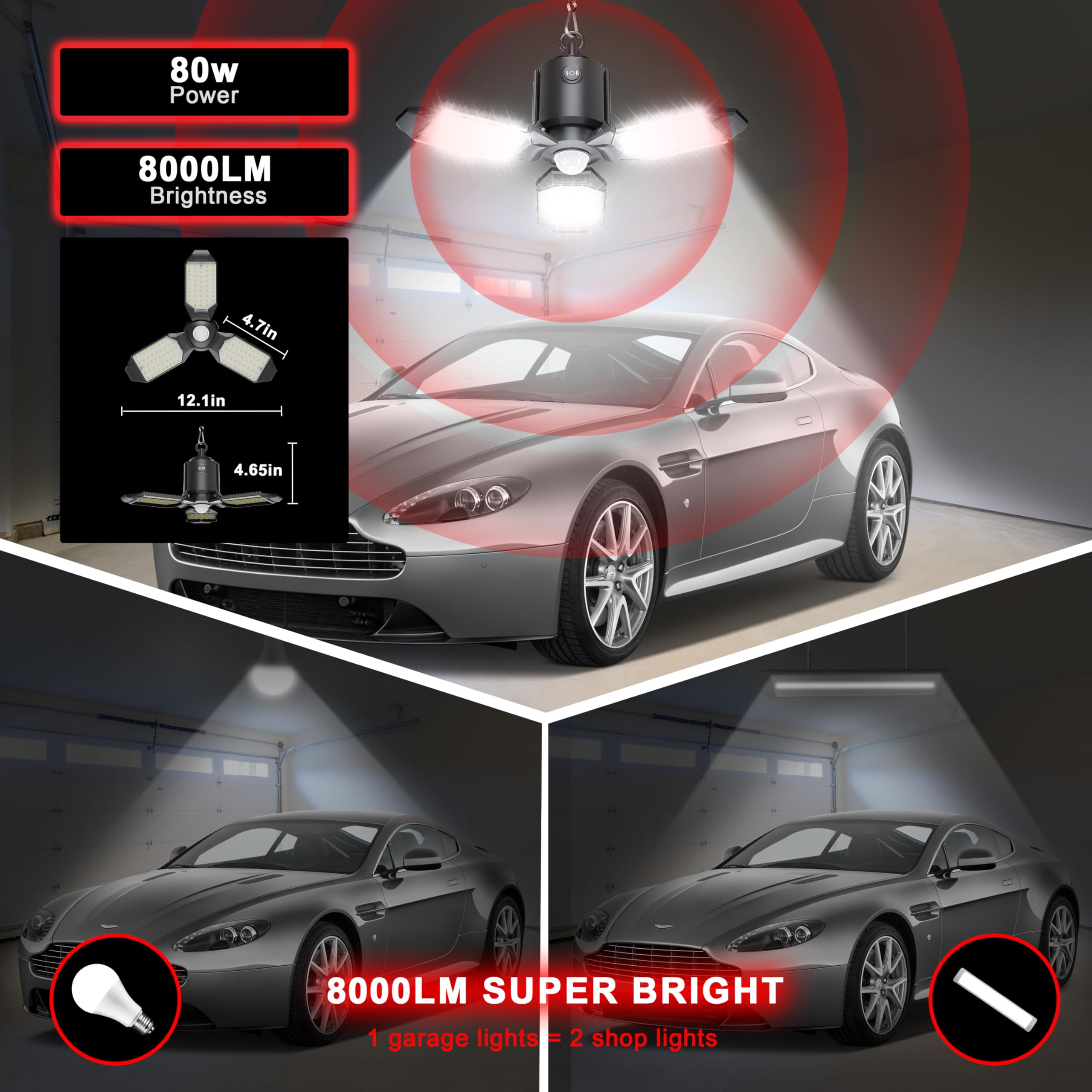 Craftersmark Plug In Garage Light Motion Sensor, 80W 8000Lm Motion Sensor Light Indoor, Deformable Led Shop Light, Motion Activa