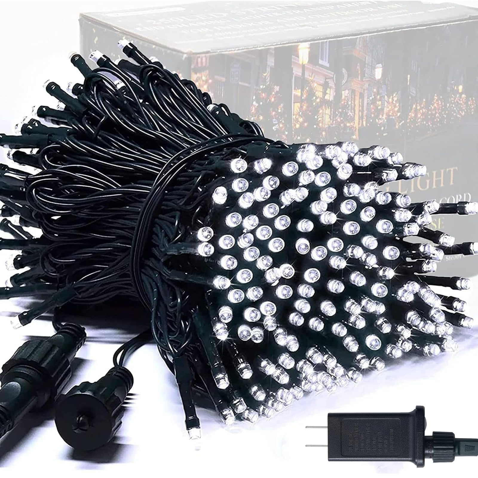 JMEXSUSS 250 LED White Christmas String Lights, 91.5ft Extendable Green Wire, Waterproof, 8 Modes, Indoor/Outdoor Use