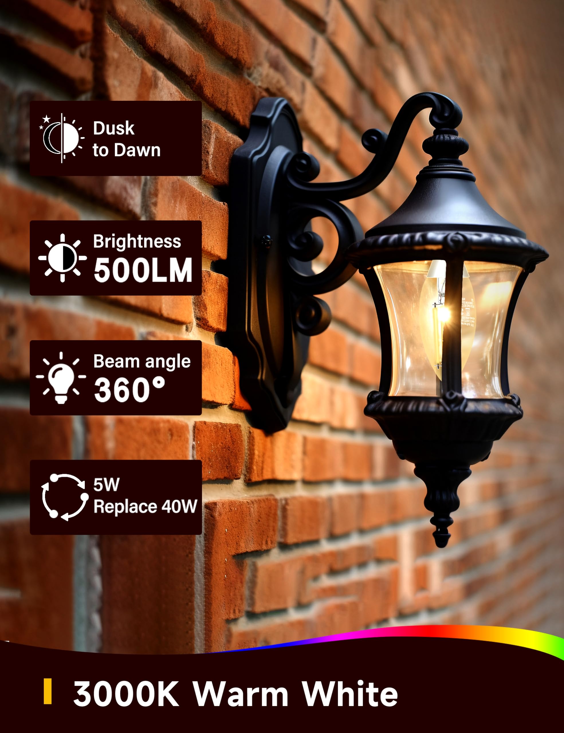 UNILAMP Dusk to Dawn LED Outdoor Light Bulb, 5W Equivalent 40W, Warm White, E12 Base B11, 500LM, 6 Pack