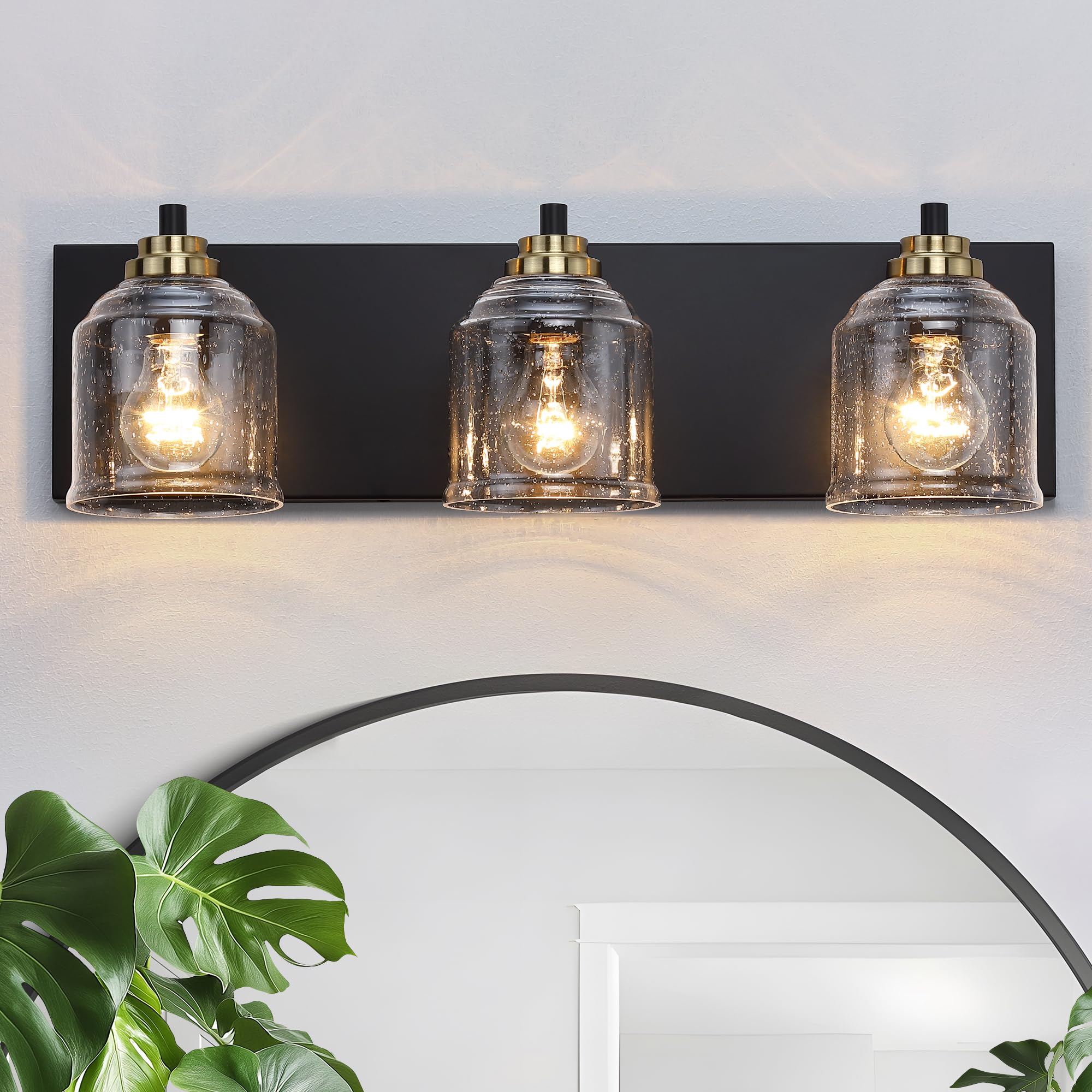 YKLITG 3-Light Vanity Light, Black and Gold Metal with Bubble Glass Shades, Model BD005 S, Rustic Wall Sconce for Bathroom and Kitchen