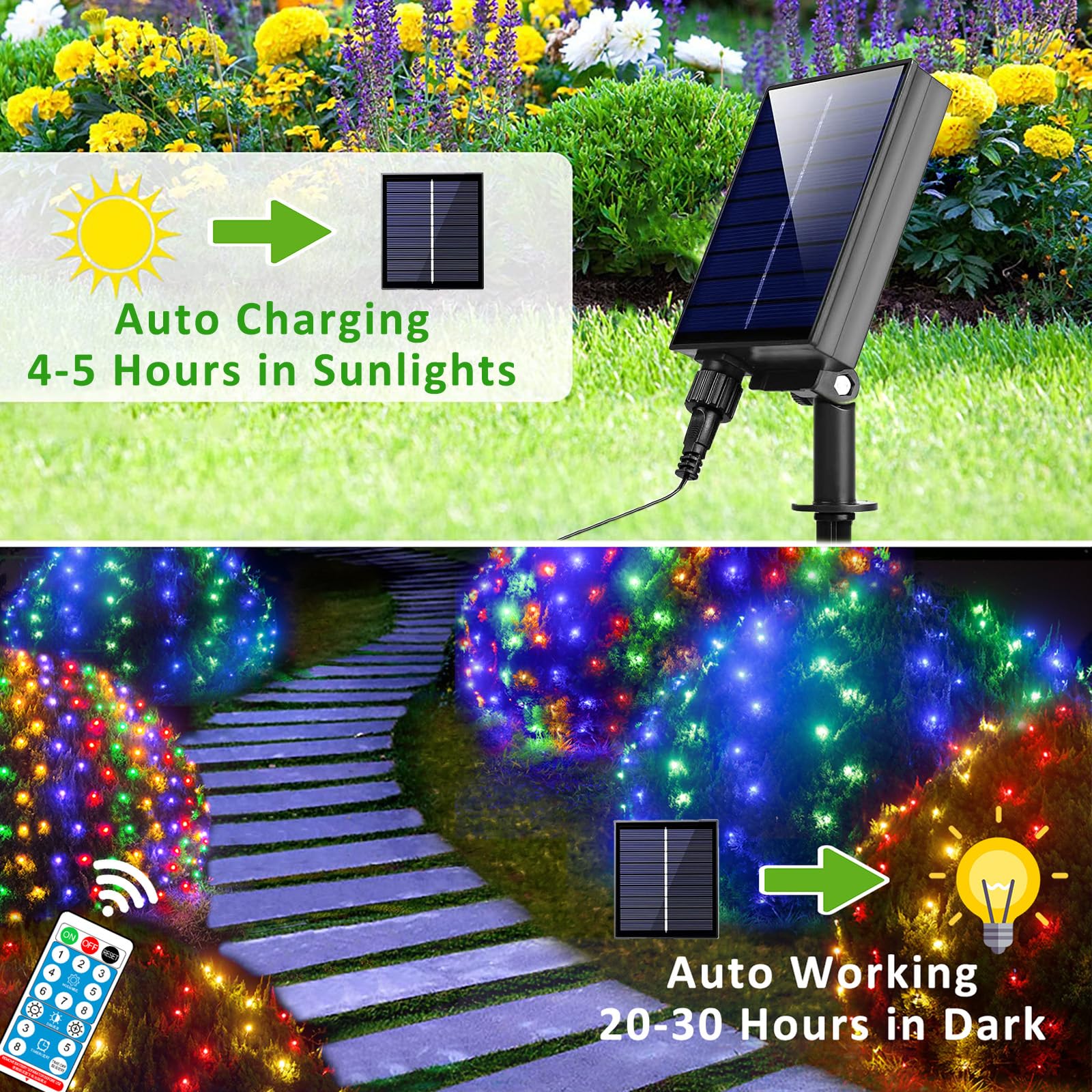 FunNite Solar Net Lights - 240 LED Waterproof String Lights, 11.5ft x 5ft, Multicolor, Remote Control, 8 Modes for Outdoor/Indoor Decor