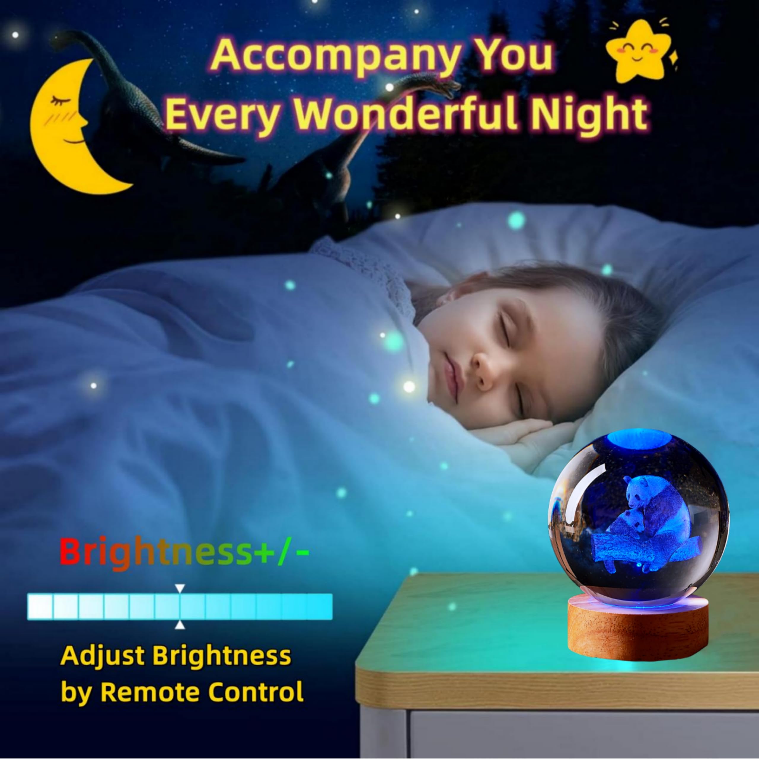 DIGFPWT Panda Night Light, 3D Crystal Ball with LED Base, 16 Colors, 3.15 Inch, Gift Box Packaging