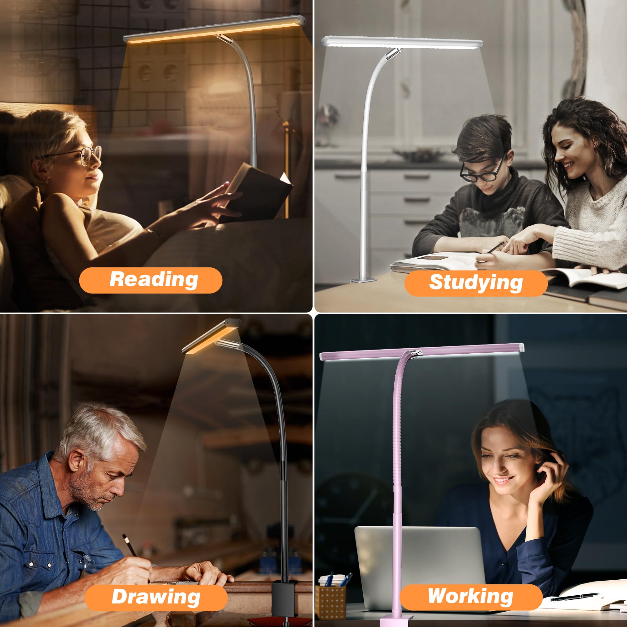 Airlonv Led Desk Lamp For Office Home, Eye-Caring Desk Light With Stepless Dimming Adjustable Flexible Gooseneck, 10W Usb Adapte