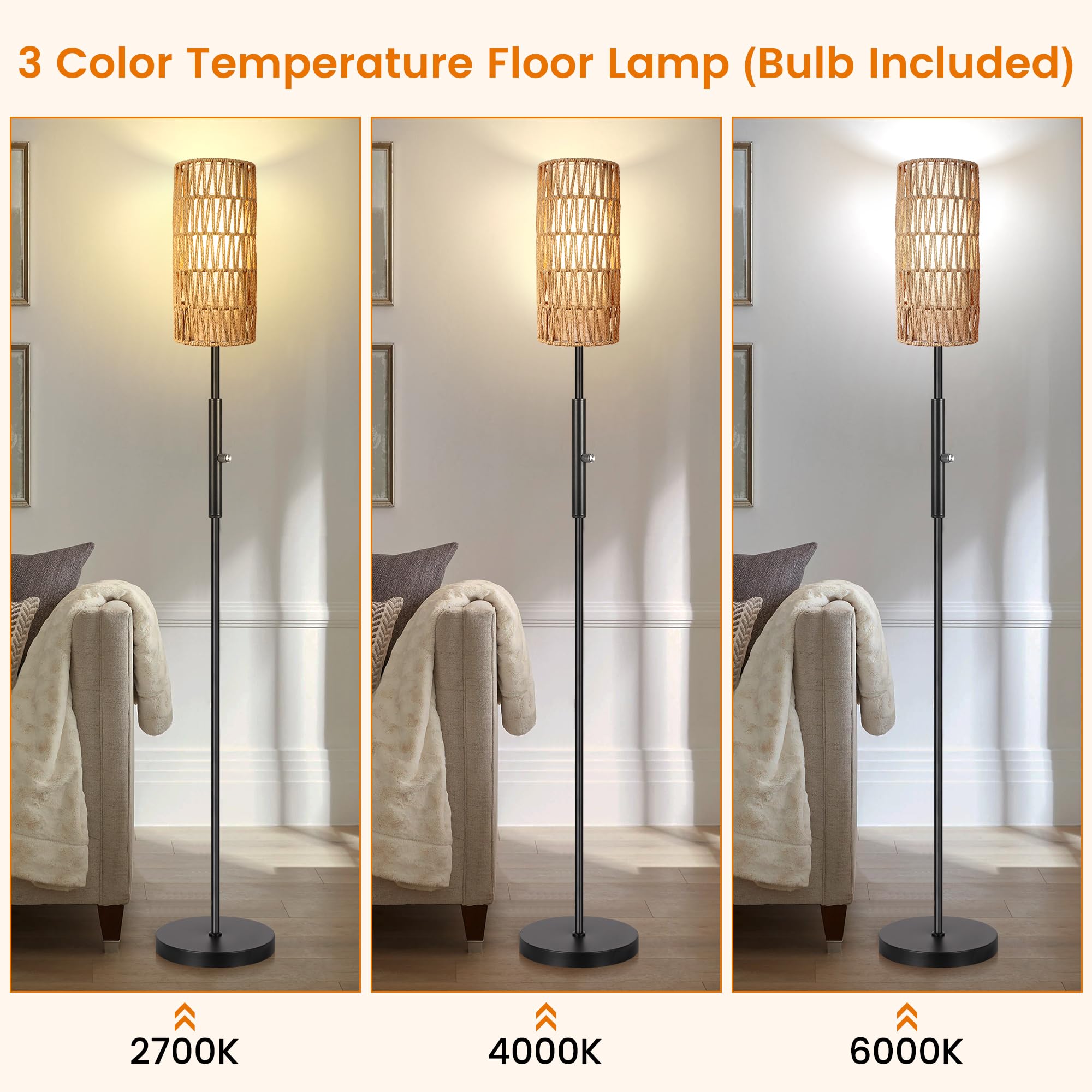 Partphoner Boho Floor Lamp For Living Room With 3 Color Temperatures Led Bulb, Standing Lamp Tall Lamp Reading For Bedroom, Offi