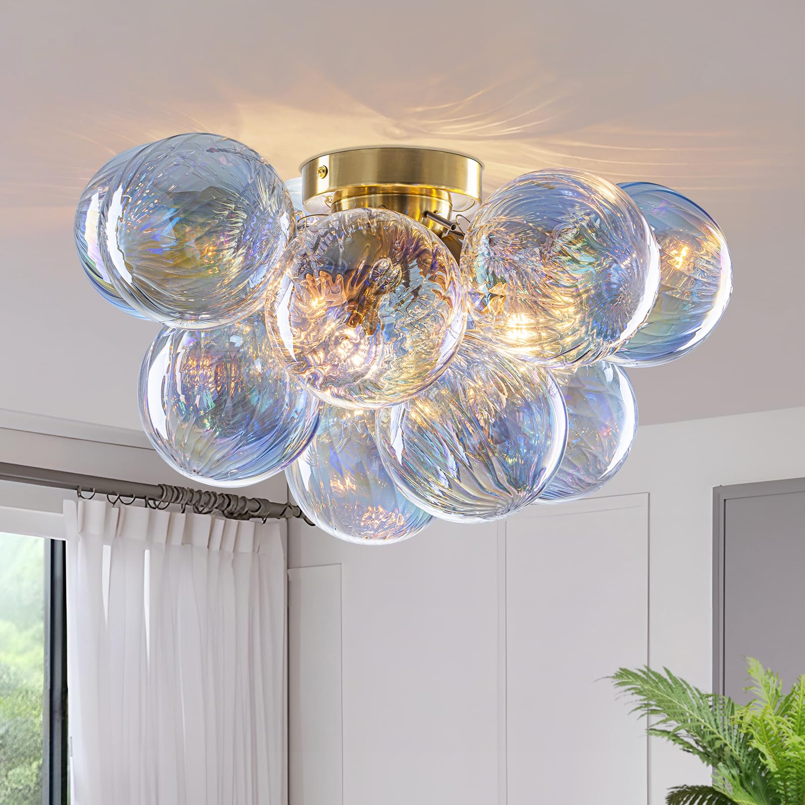 Semi Flush Mount Ceiling Light 18.5-Glass Bubble Chandelier Lighting Modern Hallway Light Fixtures Brushed Gold With 13 Swirled Colorful Globe For Dining Room Kitchen Bathroom Entryway Bedroom