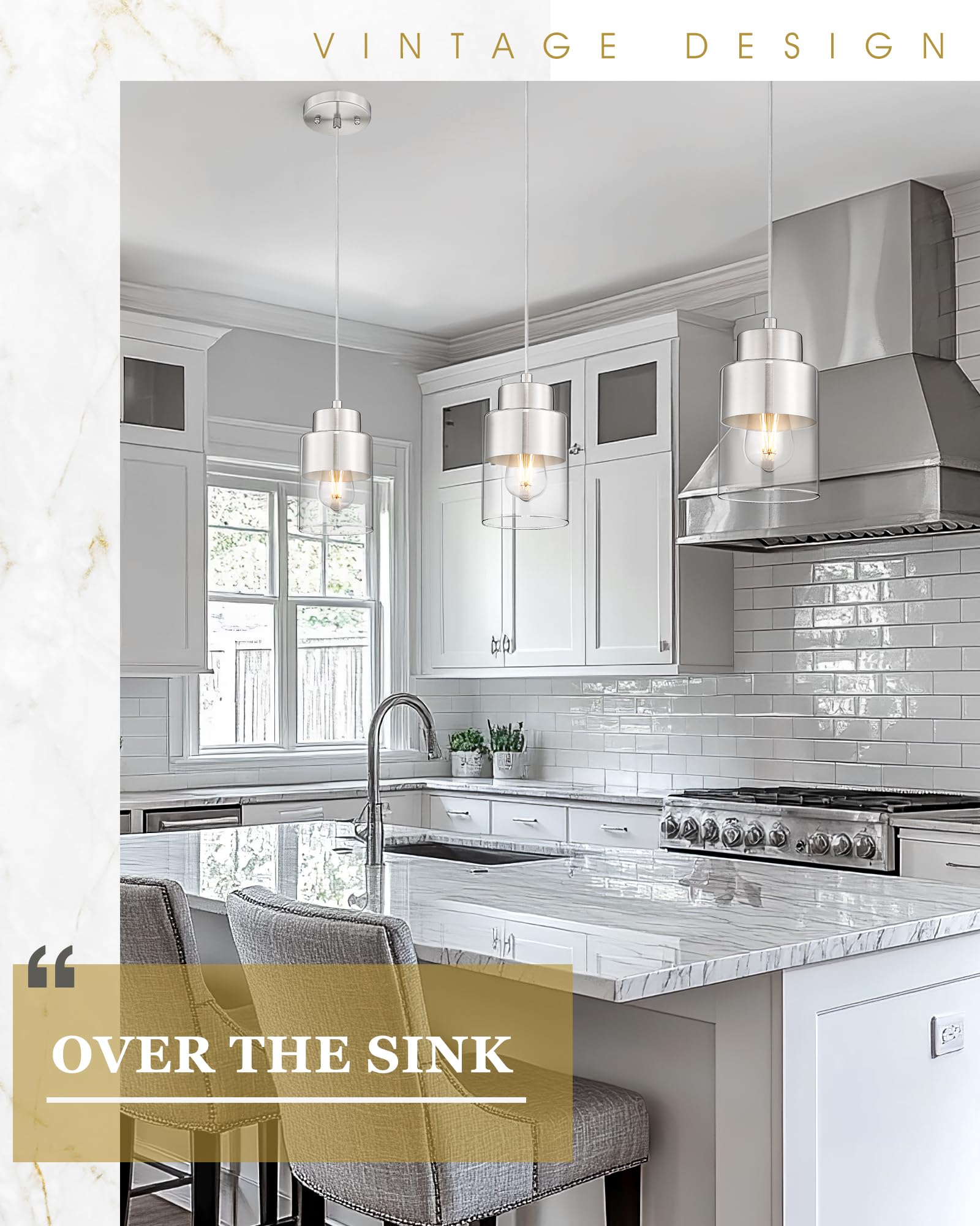 Audickic 2-Pack Pendant Lights Kitchen Island  Brushed Nickel Dual Shade Hanging Lights Fixtures With Metal And Clear Glass  Kitchen Pendant Lighting Over Island For Dining Room  Ad-24022-1P2-Sn