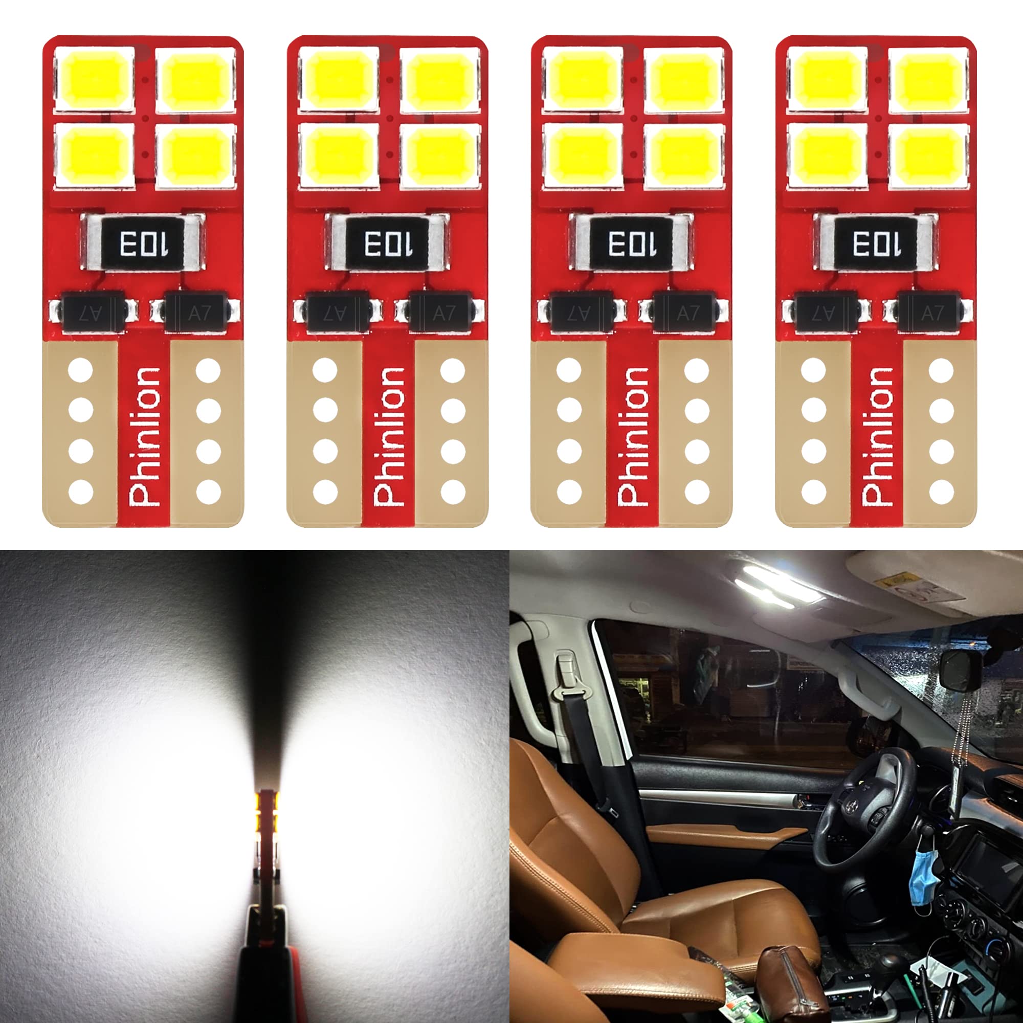 PHINLION LED Light Bulb 6000K White, 8-SMD Chipsets, T10-2835-4 Pack for Car Dome Map Door License Plate Lights