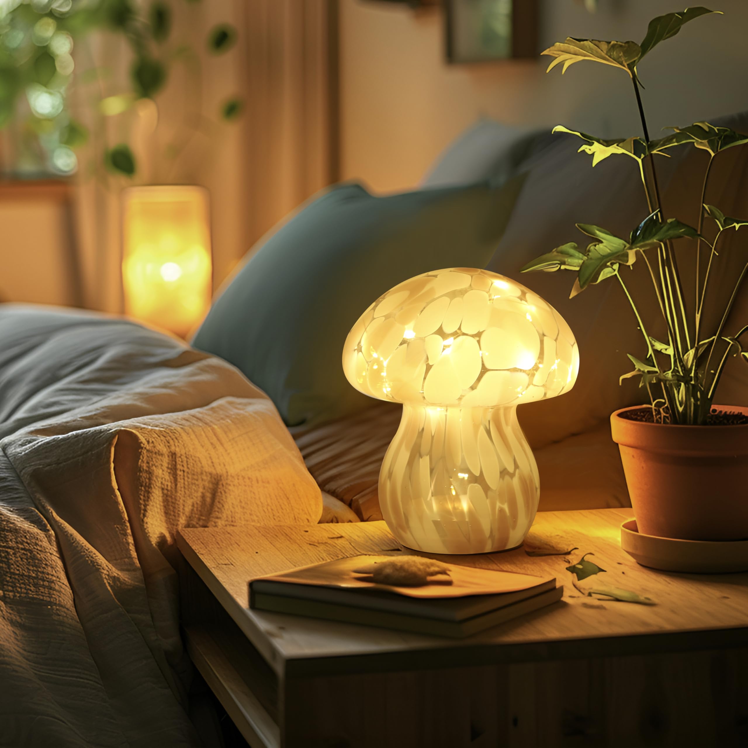 JBGIYOSG Glass Mushroom Table Lamp, 5.9 Cute LED Night Light for Home Decor, Battery Operated (3 AA), Modern Ambient Light for L