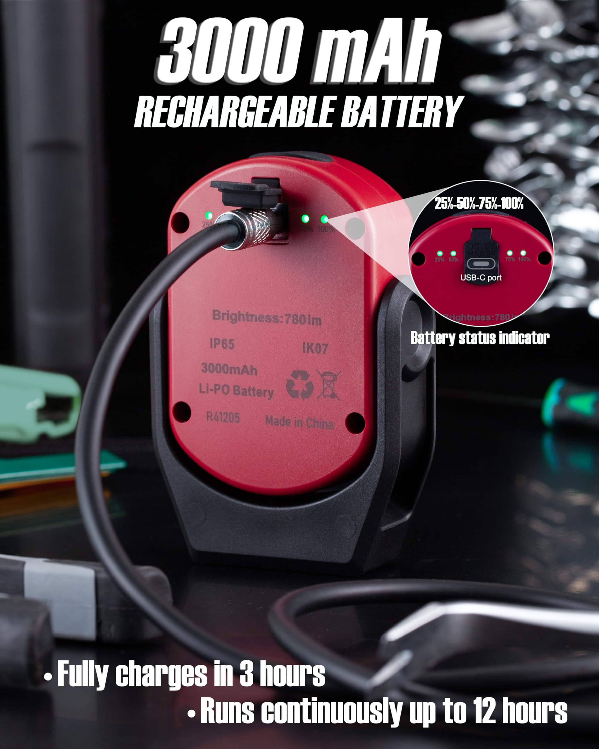 CARELITE Magnetic Work Light - 780 Lumen, Rechargeable, Durable, 1 Pack, Red, Model 1223R