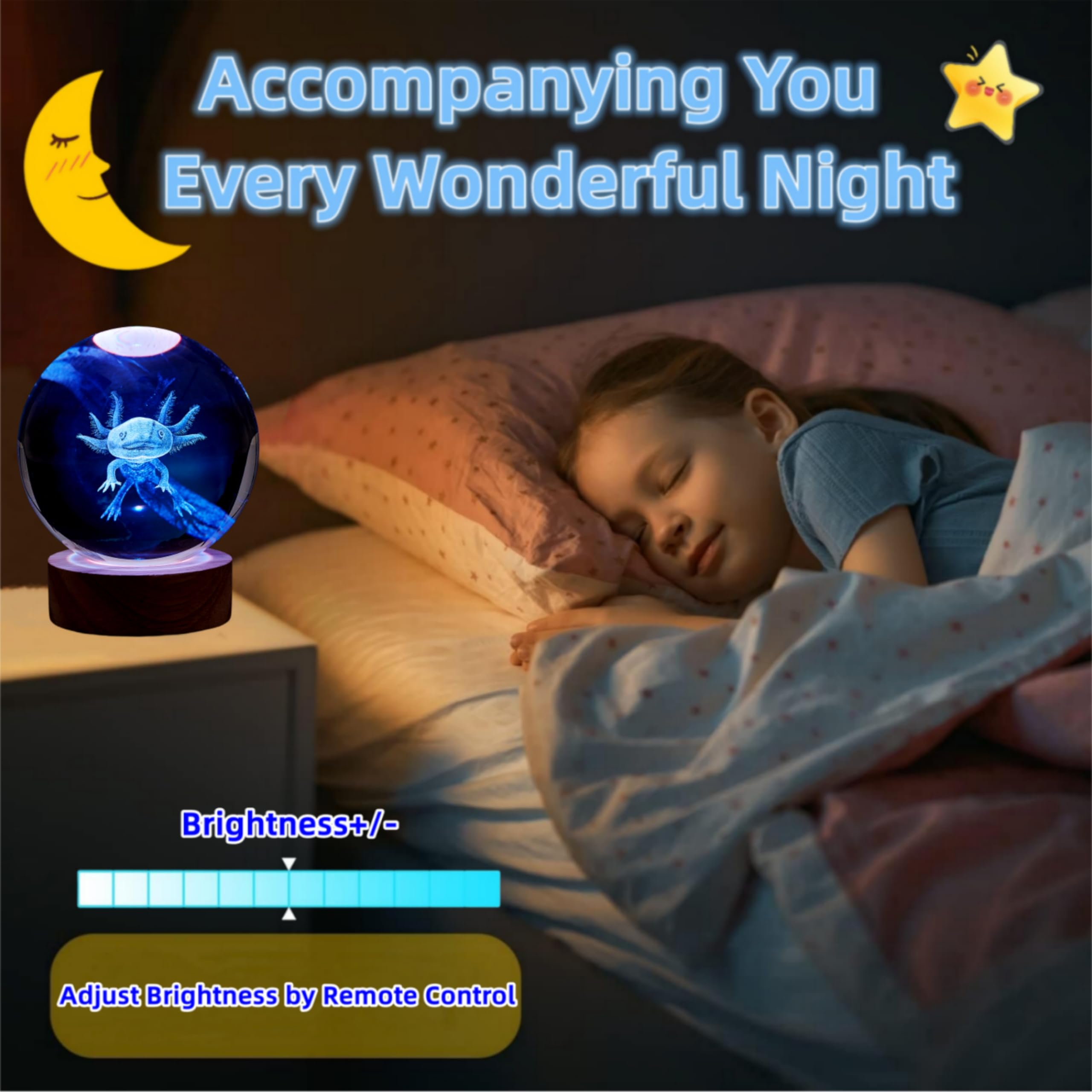 Axolotl Lamp,3.15 Inch 3D K9 Crystal Ball Axolotl Night Light With Wooden Base,16 Colors Change,Remote Control,Color Box,Birthday Christmas Axolotl Gift