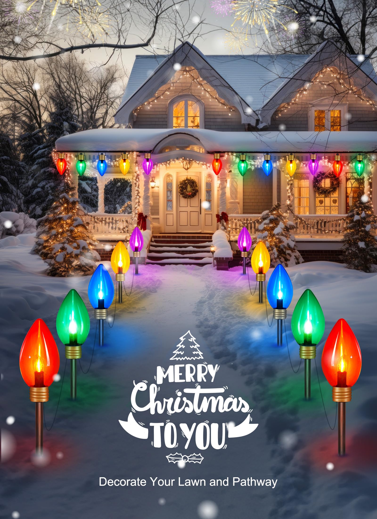 Moonflor Super Jumbo C9 Christmas Pathway Lights, 11FT, 5 LED, Multicolor, Waterproof Outdoor Decoration for Yard, Model GY-C-50.6-U-B1