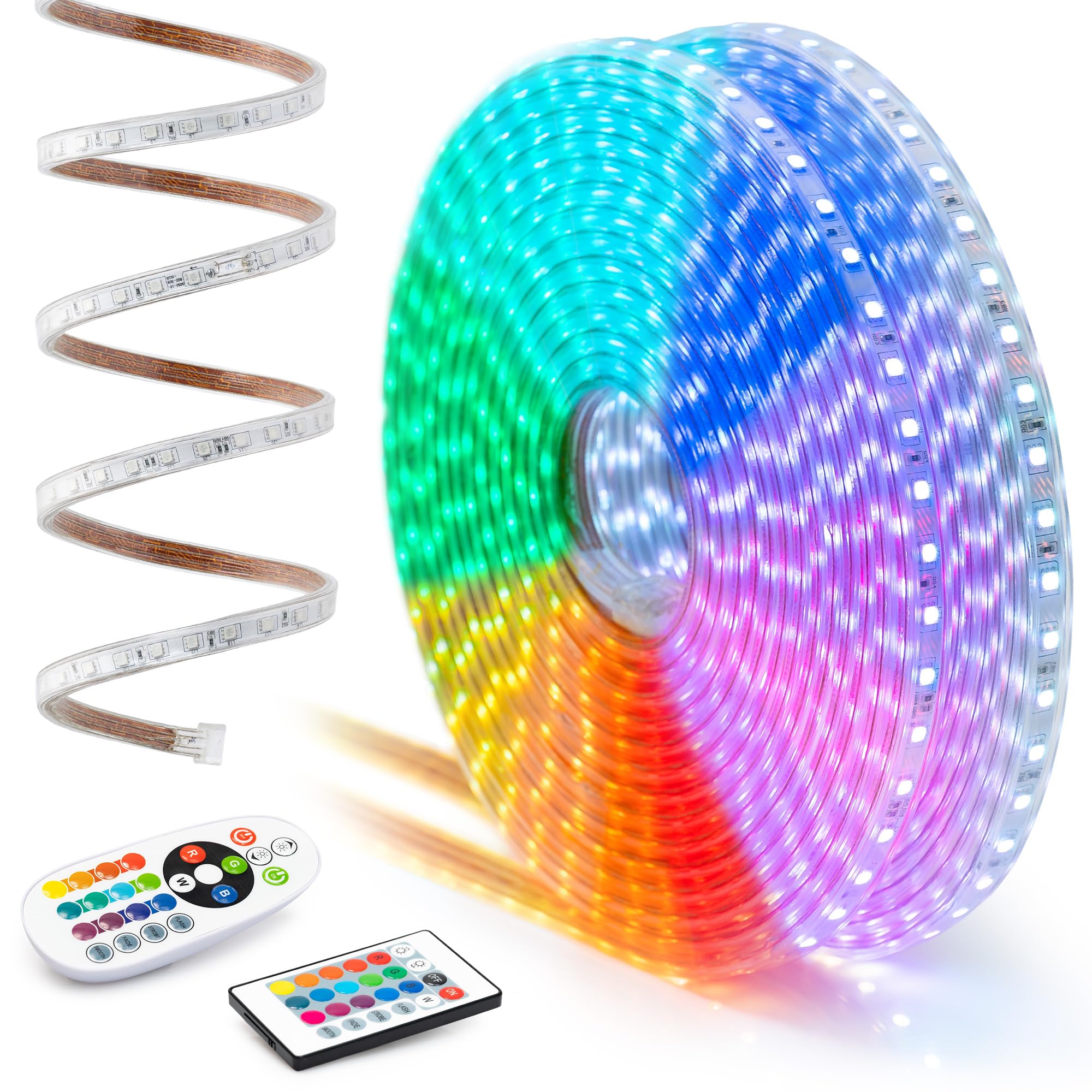 Wyzworks Led Strip Lights, 100 Ft Flat Smd 5050, Waterproof 16 Colors Multi Modes Color Changing Permanent Outdoor Exterior Heavy Duty Flexible Shell Rope Lighting Dimmable W/ 2 Remotes, Etl Certified