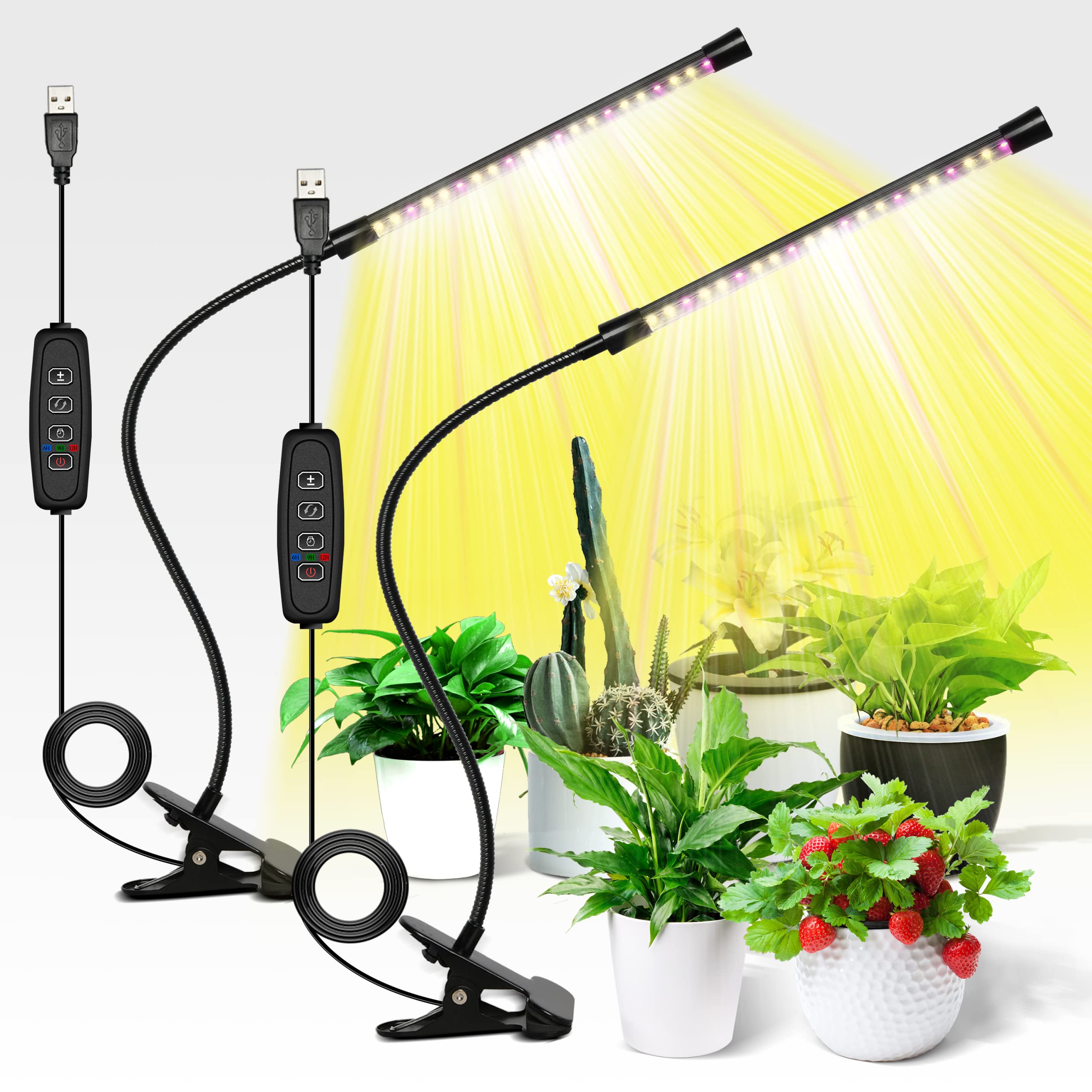 iPower 21 LED Grow Light, Full Spectrum, Adjustable Gooseneck, 3 Light Modes, 10 Dimmable Levels, Yellow, 2 Pack