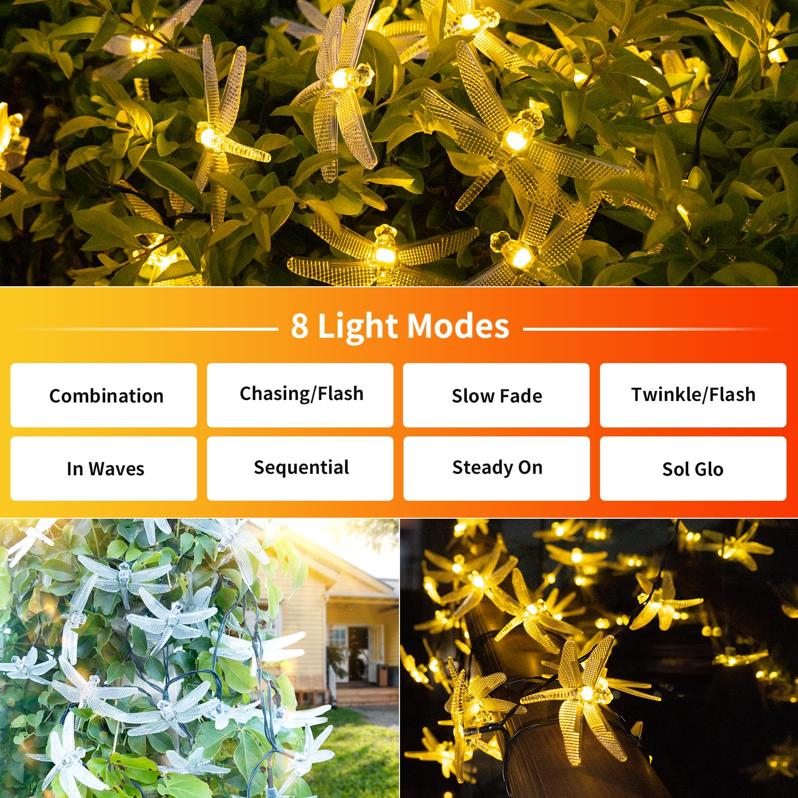 Asfsky Dragonfly Solar Lights Outdoor 50 Led Dragonfly Lights Waterproof Warm White