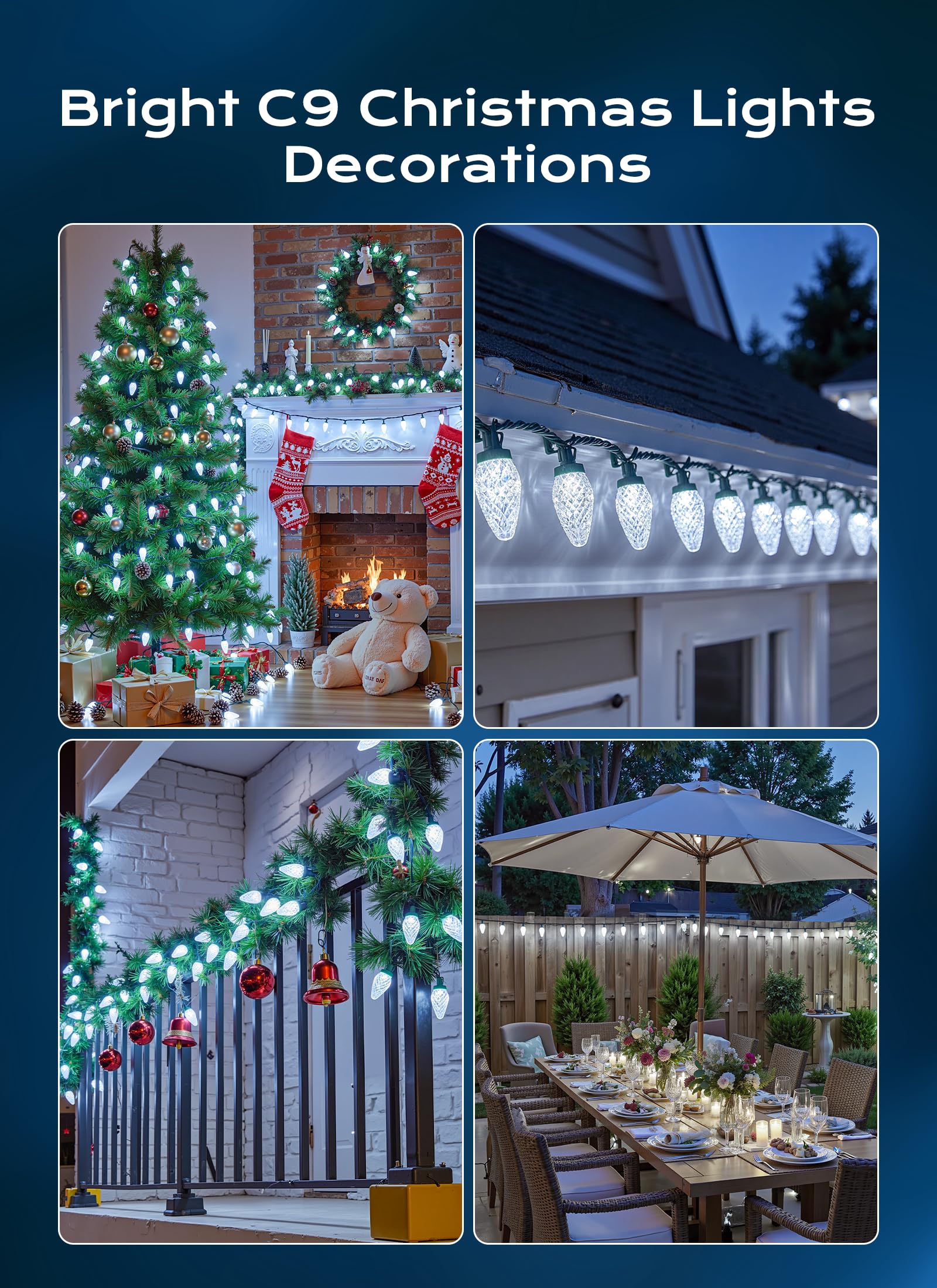 Minetom C9 Christmas Lights Outdoor  100 Ft 150 Led Connectable C9 String Lights With 8 Modes And Timer Extendable Xmas Tree Patio Roofline Garden Yard Holiday Party Indoor Outdoor Decoration  White