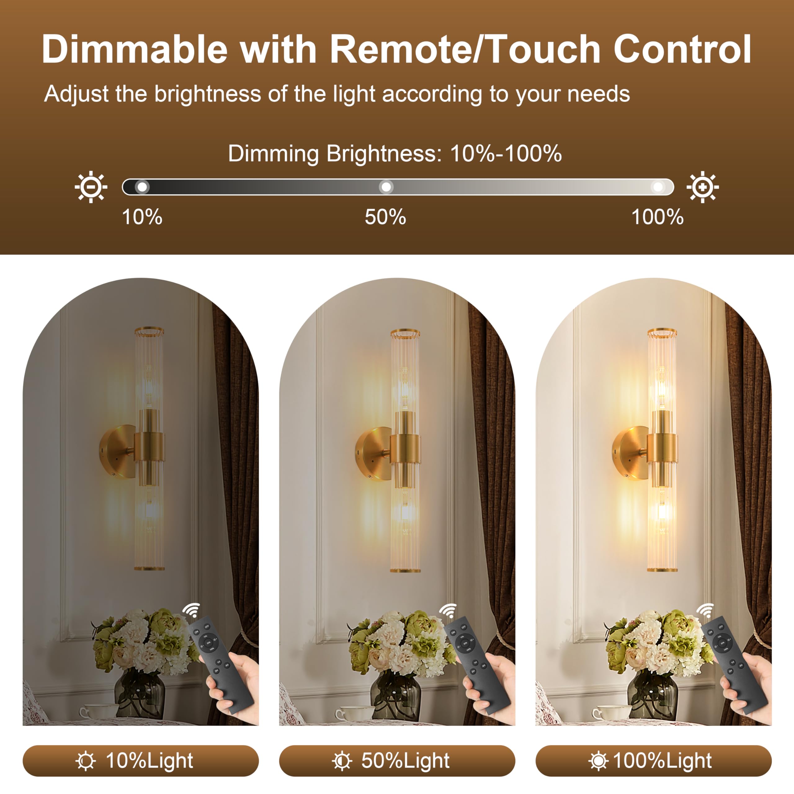 Gold Battery Operated Wall Sconces Set of 2, Rechargeable Wall Lights with Dimmable Remote Control, 20 Modern Sconces Wall Decor