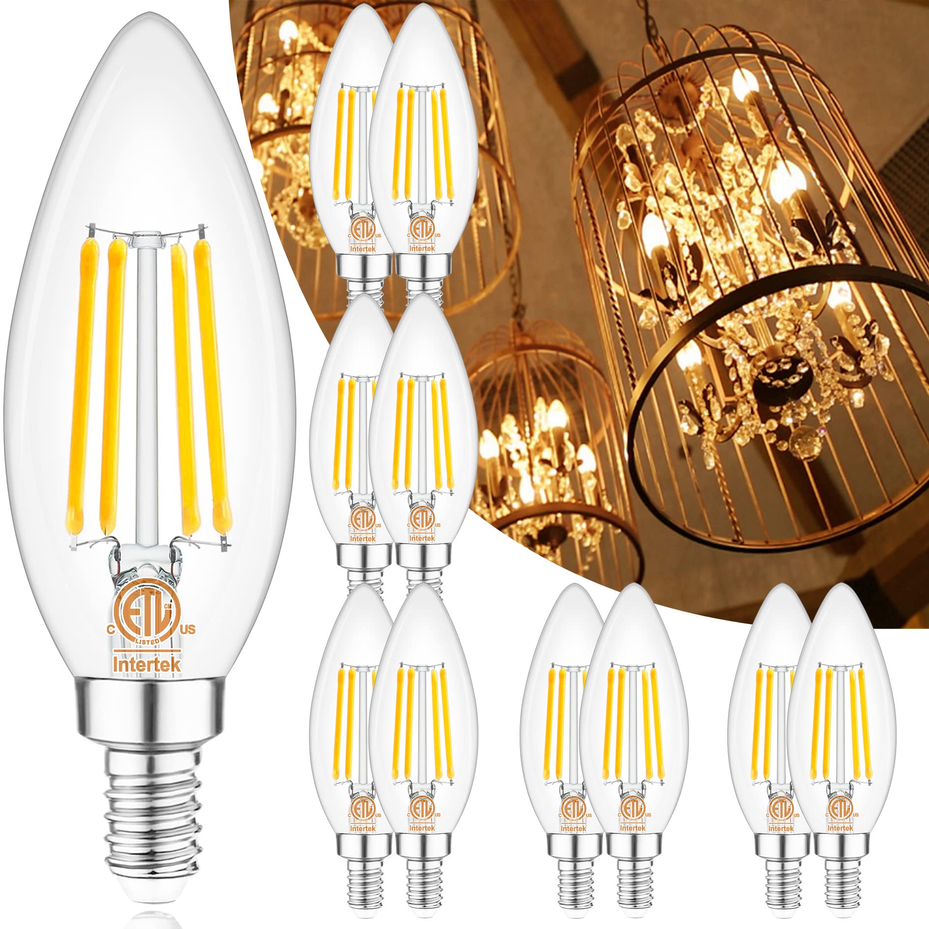 10 Pack Candelabra Led Light Bulbs E12 Small Base Dimmable, Comzler 40W Equivalent 2700K Warm White Chandelier Light Bulbs, 4W T